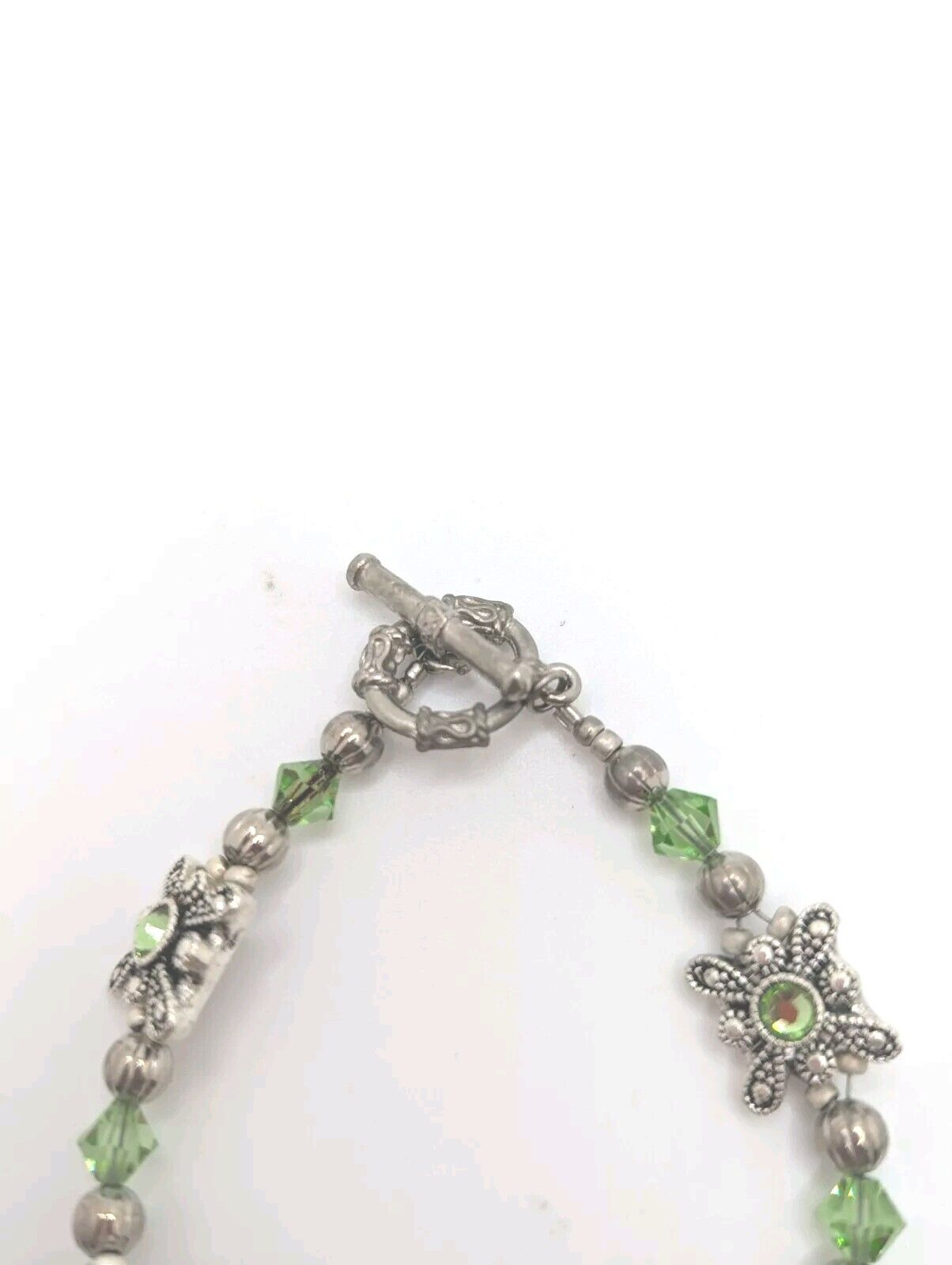 Silver Tone Spring Green Flower Square Crystal Bead Charm Bracelet Earrings 7.5"