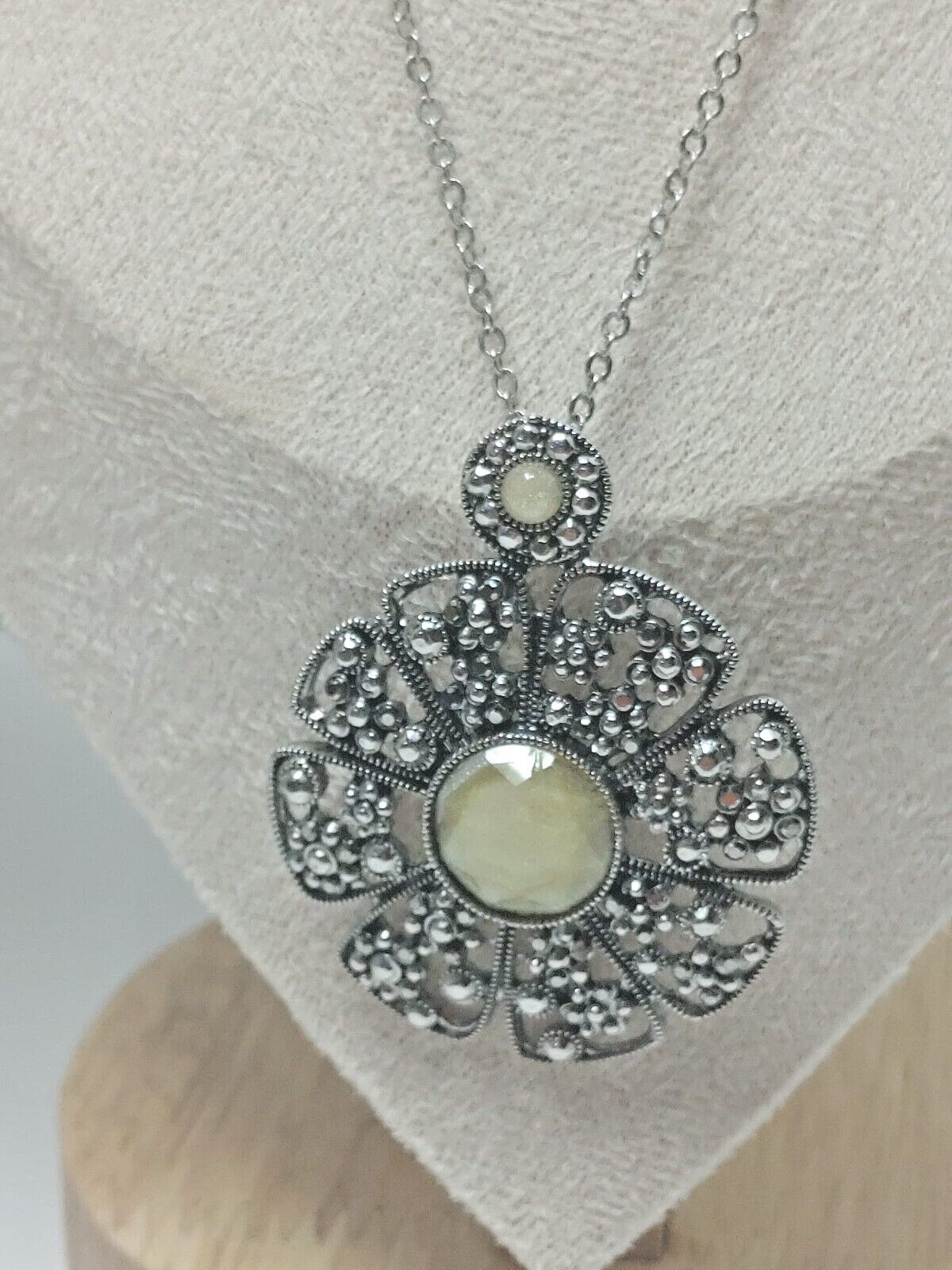 Art Deco Necklace Foux Stone Flower Pendant Tassel Antique Silver 16" long Boho