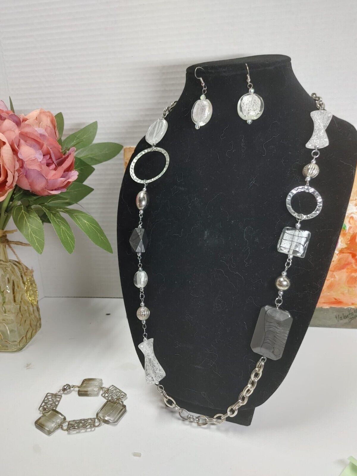 Vintage clear white Glass & Silver Metal Beads hoops Necklace Earrings Bracelet