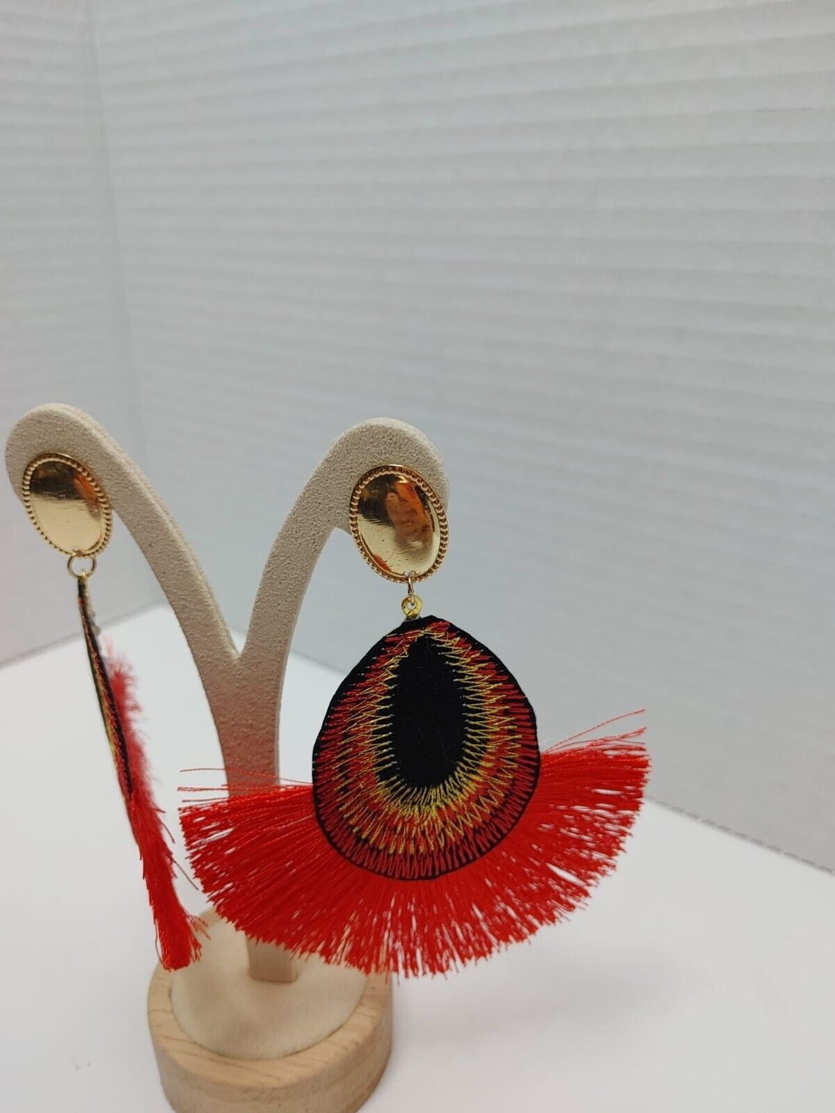 Oval and Fan Shaped Red Black Post Earrings Handmade Bohemian Women Earrings