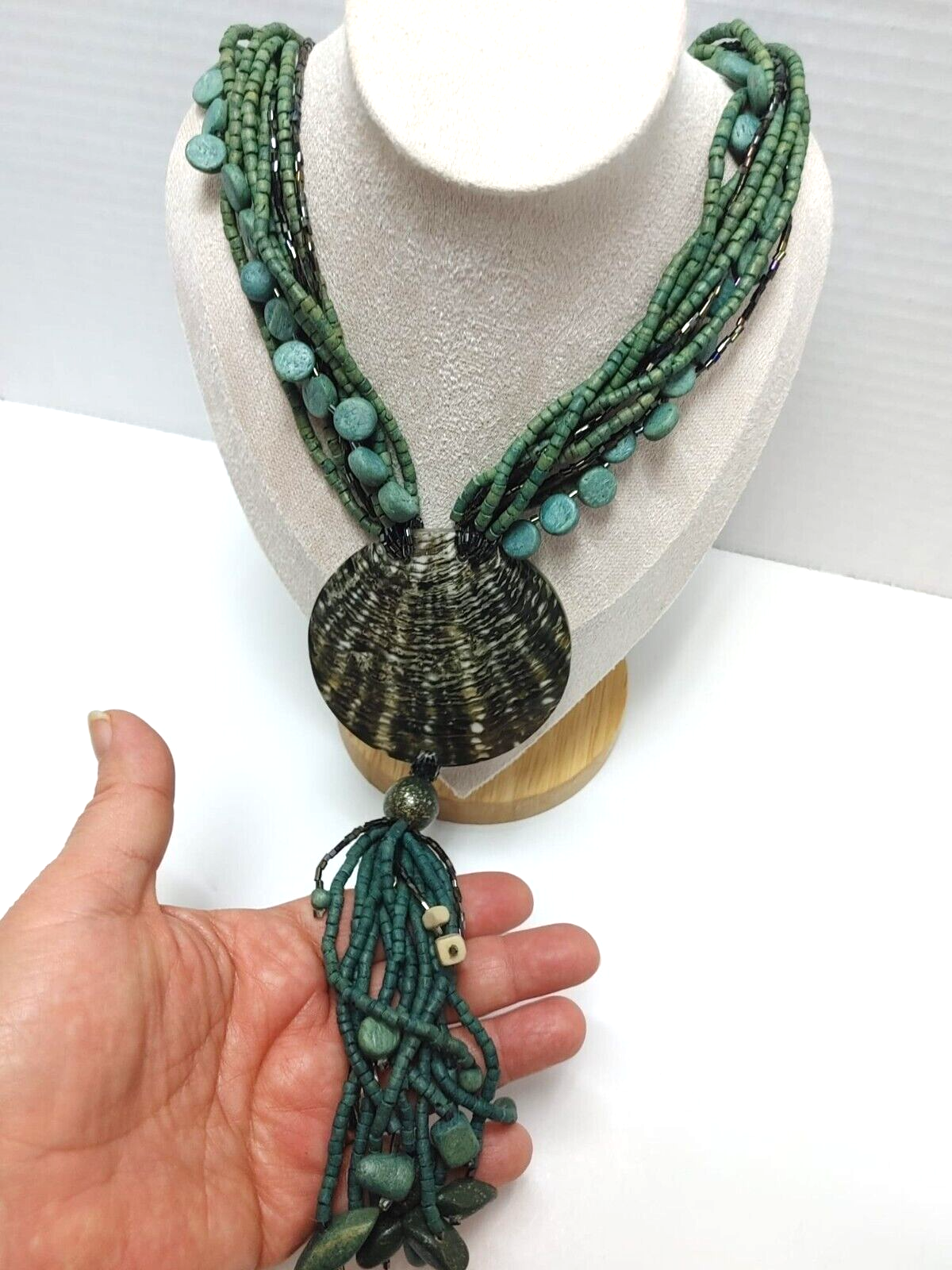 Vintage 70s Large Seashell Pendant Teal Wooden Bead Layered Necklace Green Retro