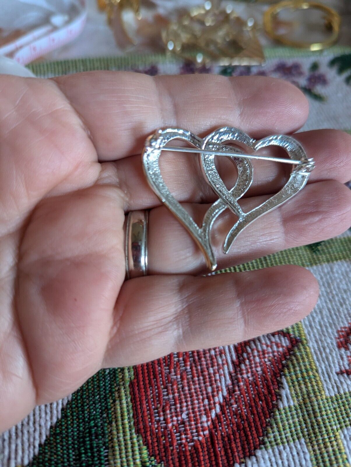 Vintage AB Rhinestones Double Hearts Brooch Pin Goldtone Silvertone