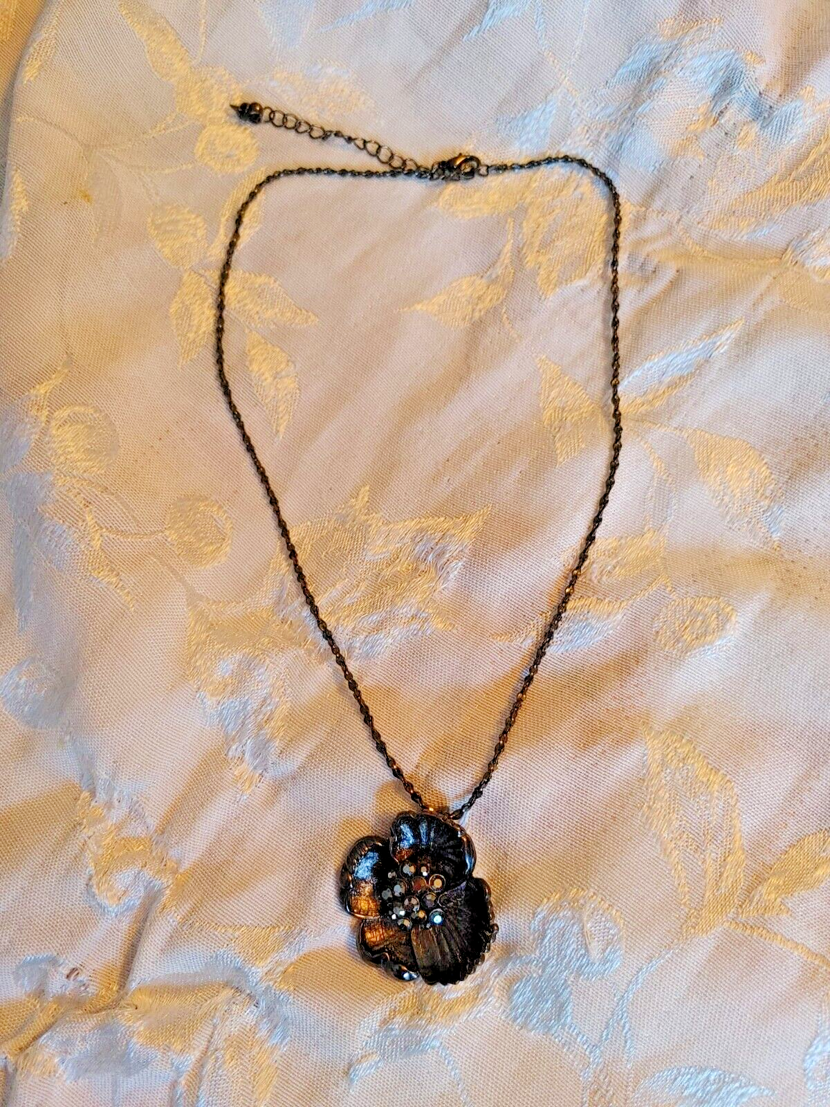 Vintage Black Poppy Flower Pendant Necklace with Rhinestone Black Chain