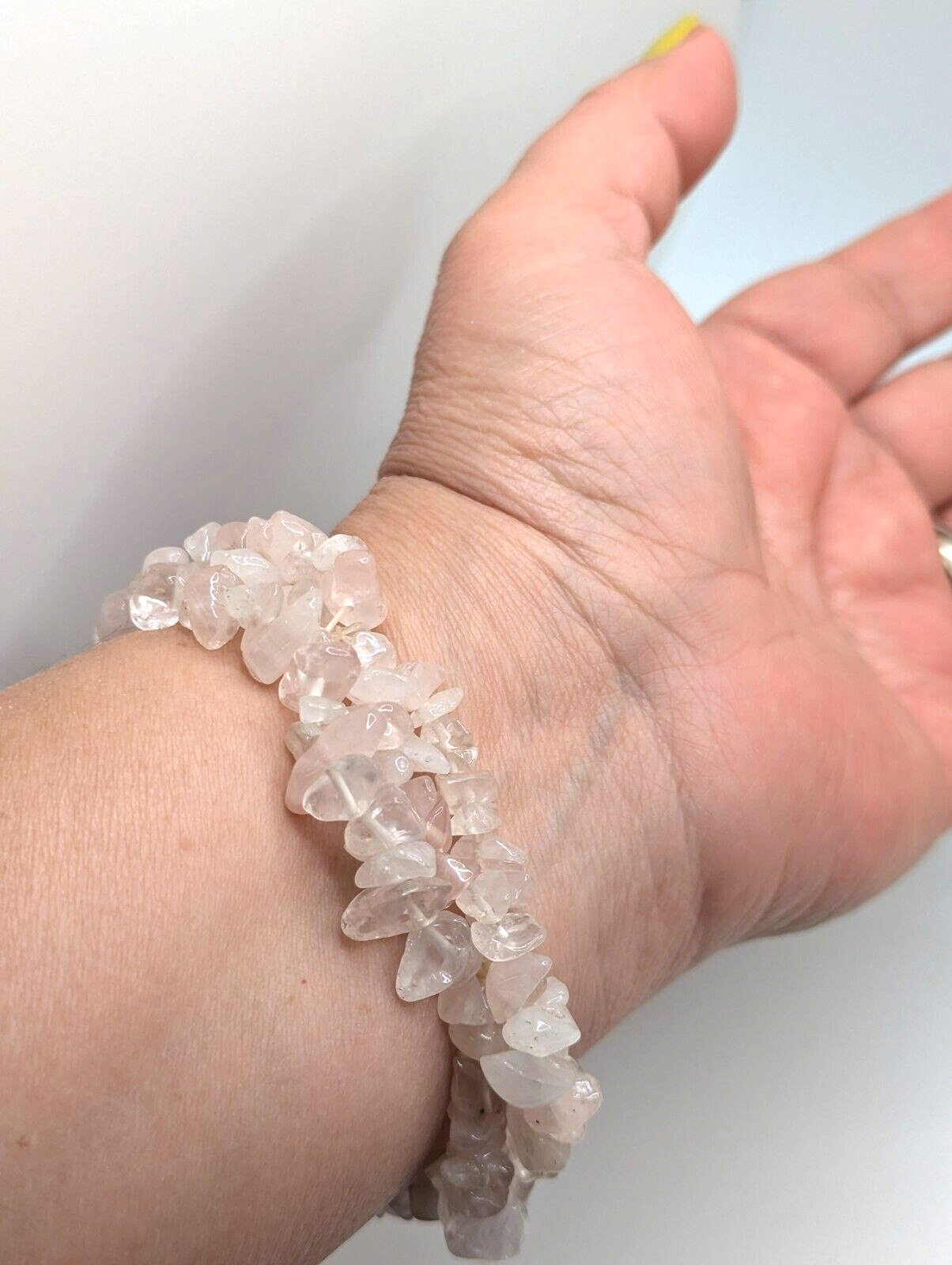PINK QUARTZ STONES BRACELET Vintage Chips Elastic Stretch 1 3/8" in Width 7" L
