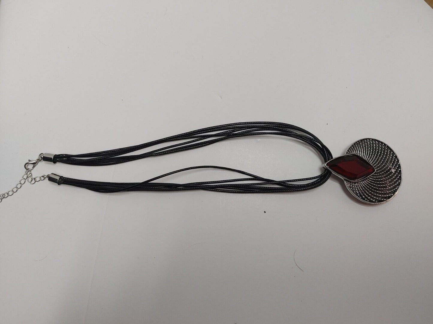 Designer Inspired Silver Tone Metal Red GEMSTONE PENDANT LEATHER NECKLACE
