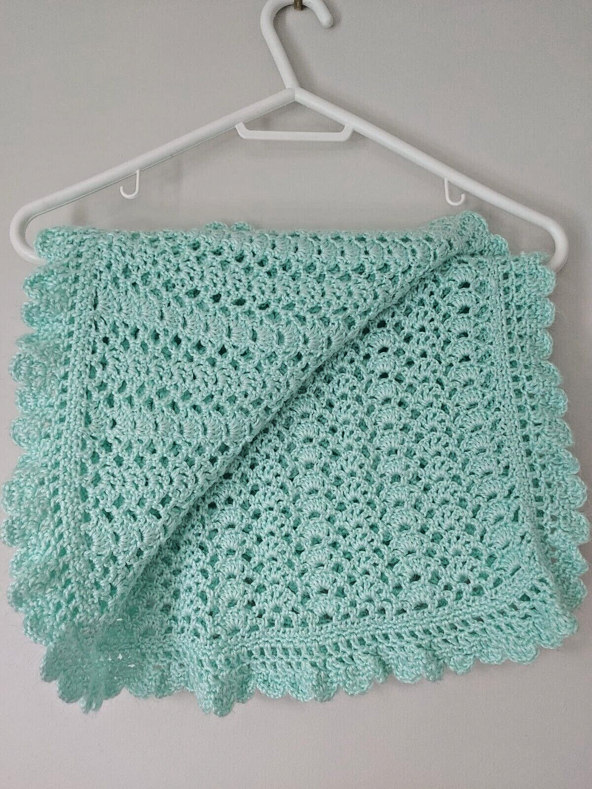 Beautiful Handmade Crochet BABY BLANKET Afghan soft Mint Green with Scalloped