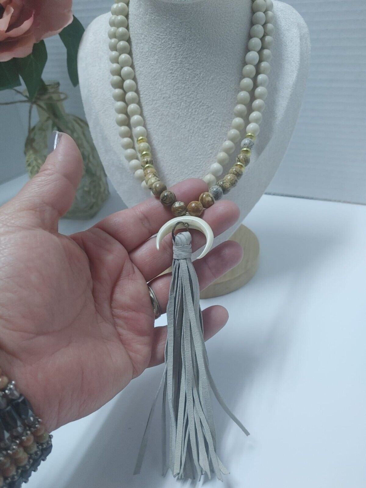 Natural Jasper Gemstone Beads Necklace & Horn Crescent Moon Pendant 36" Bohemian