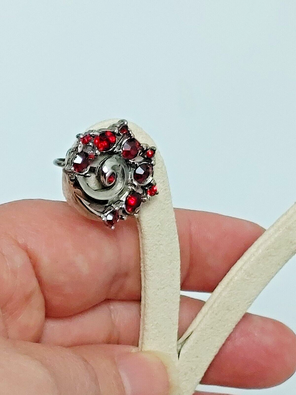 Vintage Silver Tone Royal Crest Screw Back Earrings with Red Rhinestones