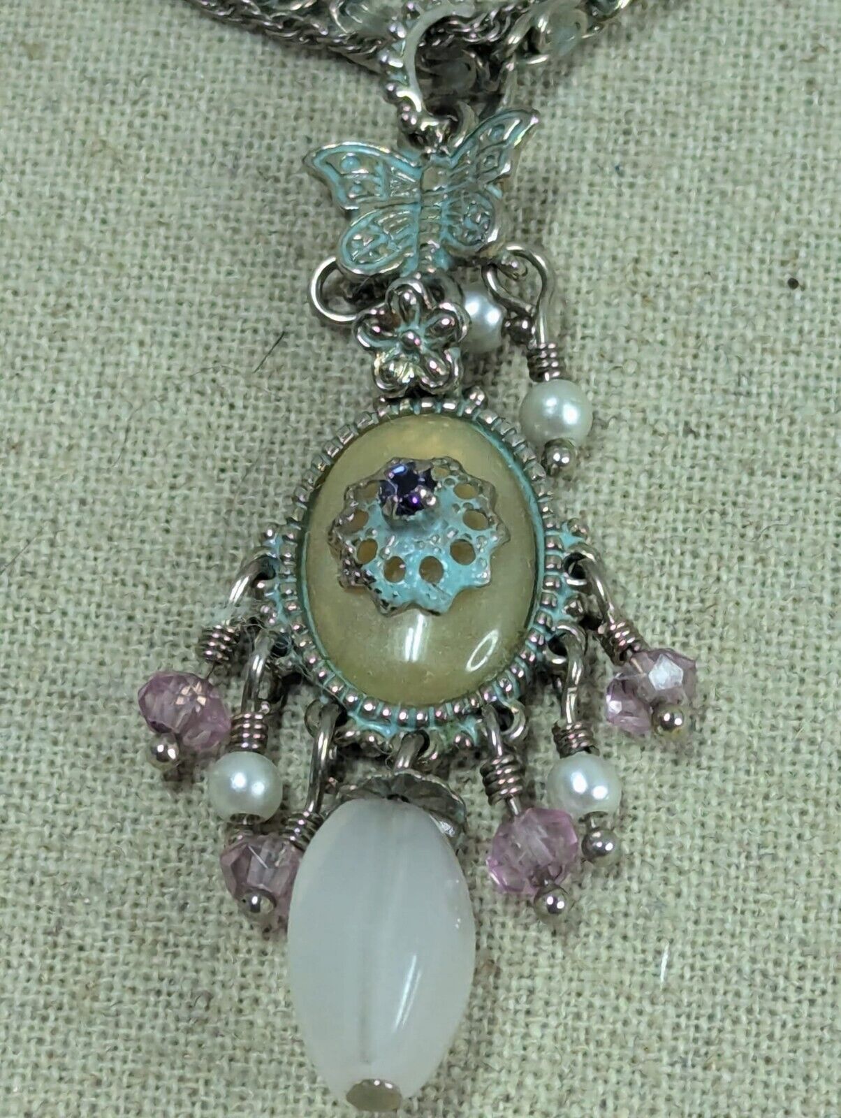 vintage Avon Silver Plated Necklace Butterfly Crystals Pendant 16" Double Chain