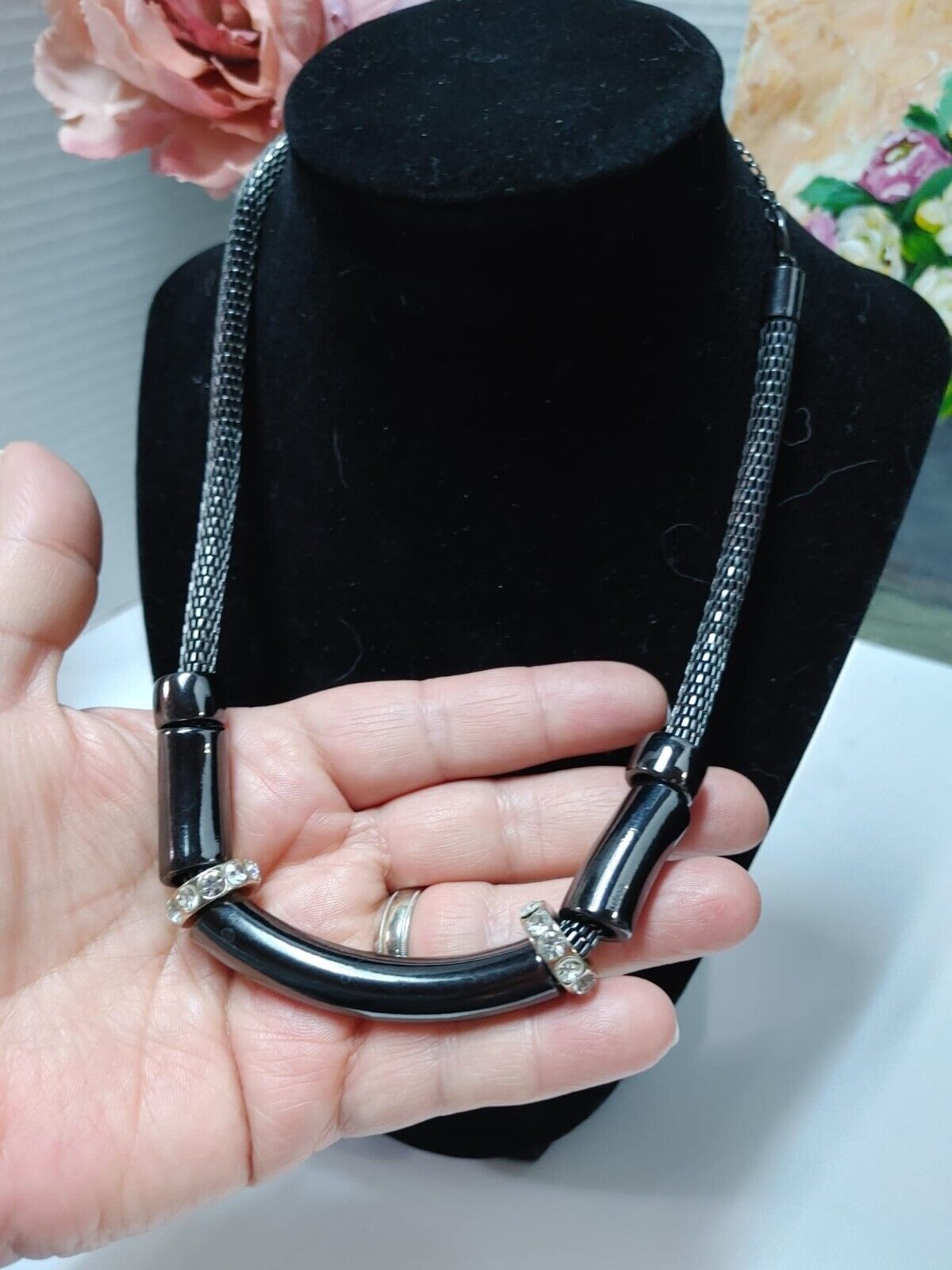 Thick Gun Metal Snake Chain Choker Collar Necklace White Rhinestones 16"