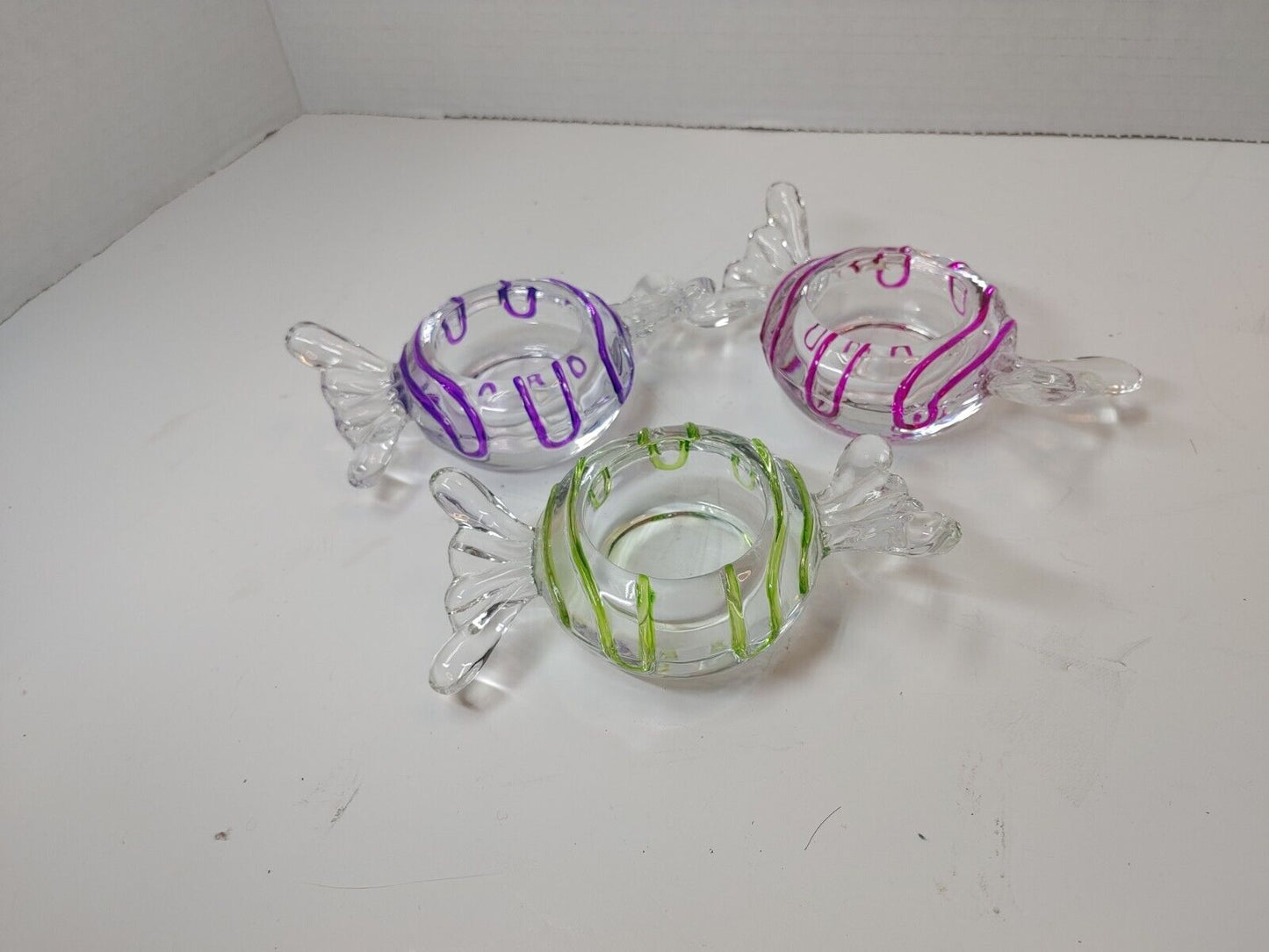 Candle Holders Set of 3 PartyLite Jollyville Glass Swirl Wrapped Candy Tea Light