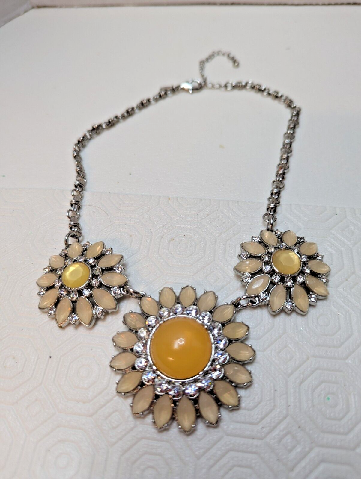 Lia Sophia Triple Flower Statement Necklace Yellow Sunflower 18-21" Silver Tone