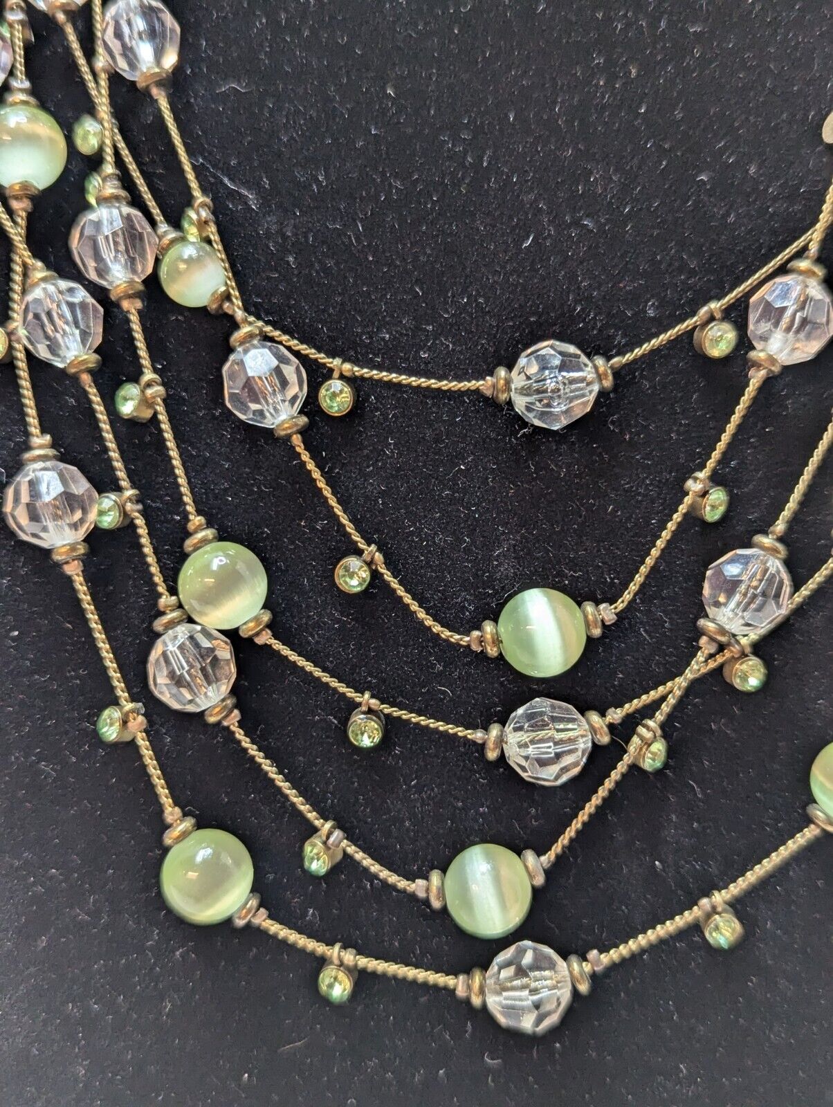 Green Tiger Eye Clear Beads Necklace Earring Rhinestone Gold Tone Multi Strand