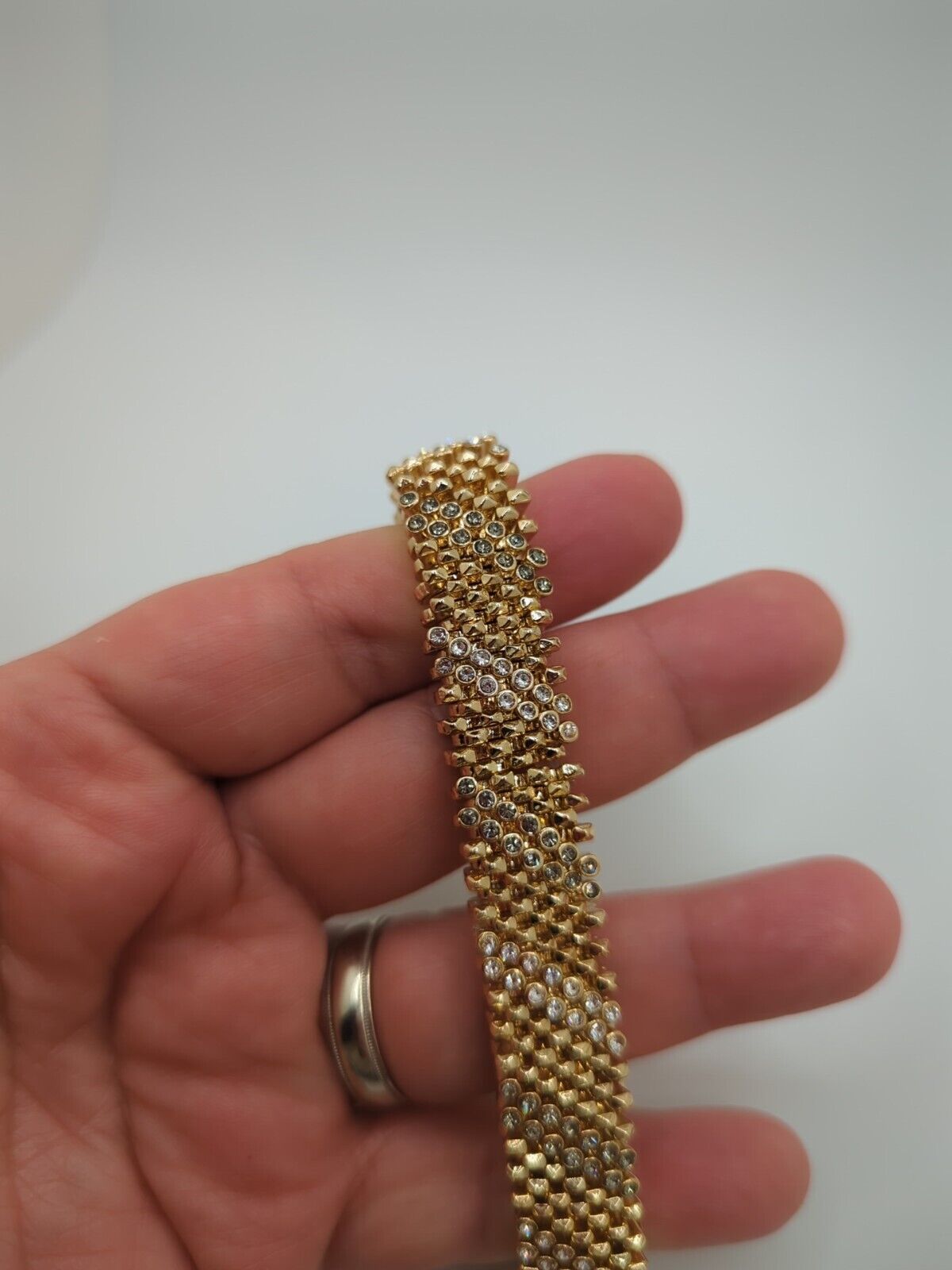 Bracelet Grey Clear Rhinestone Expansion Stretch Gold Tone