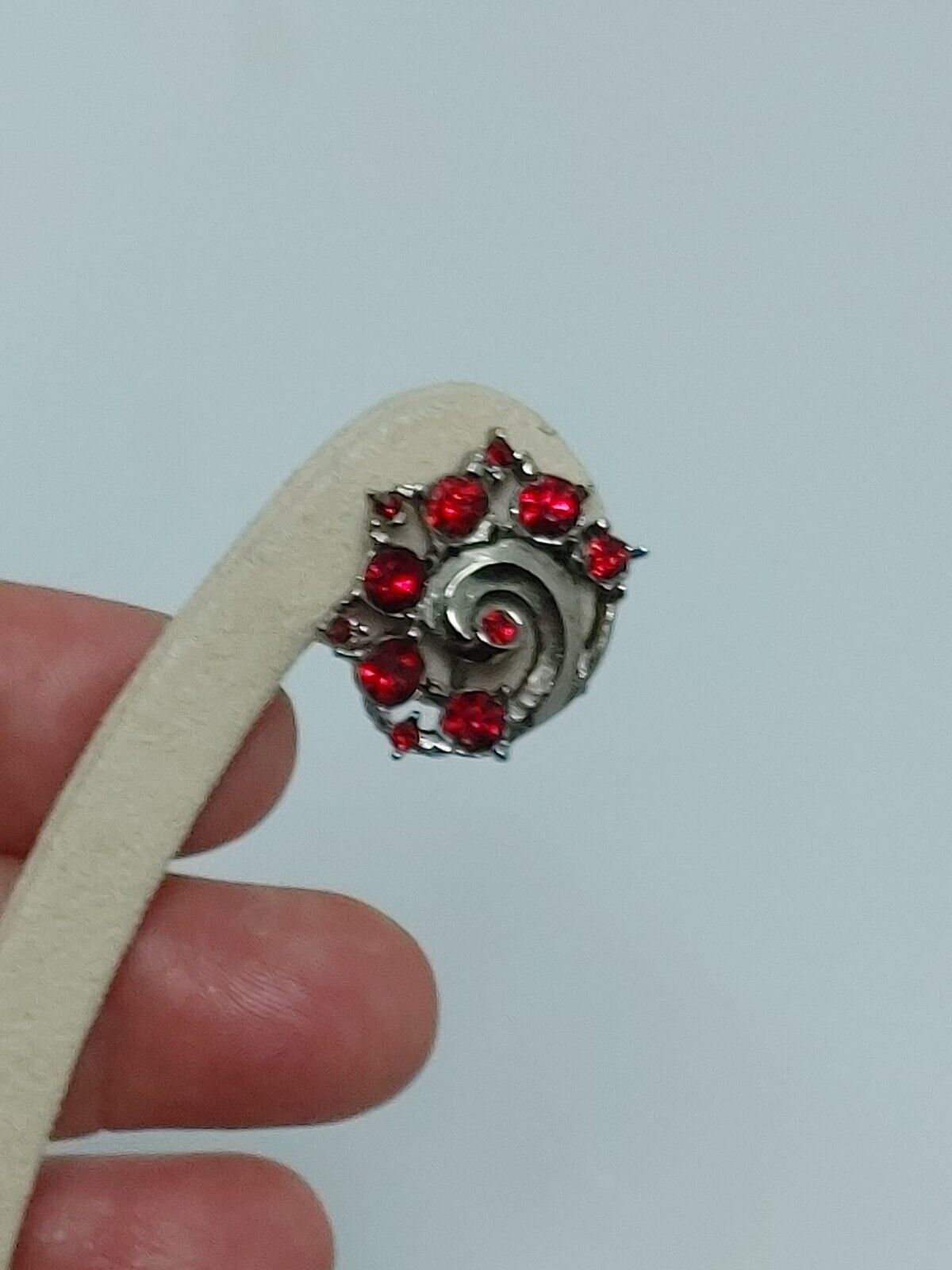 Vintage Silver Tone Royal Crest Screw Back Earrings with Red Rhinestones
