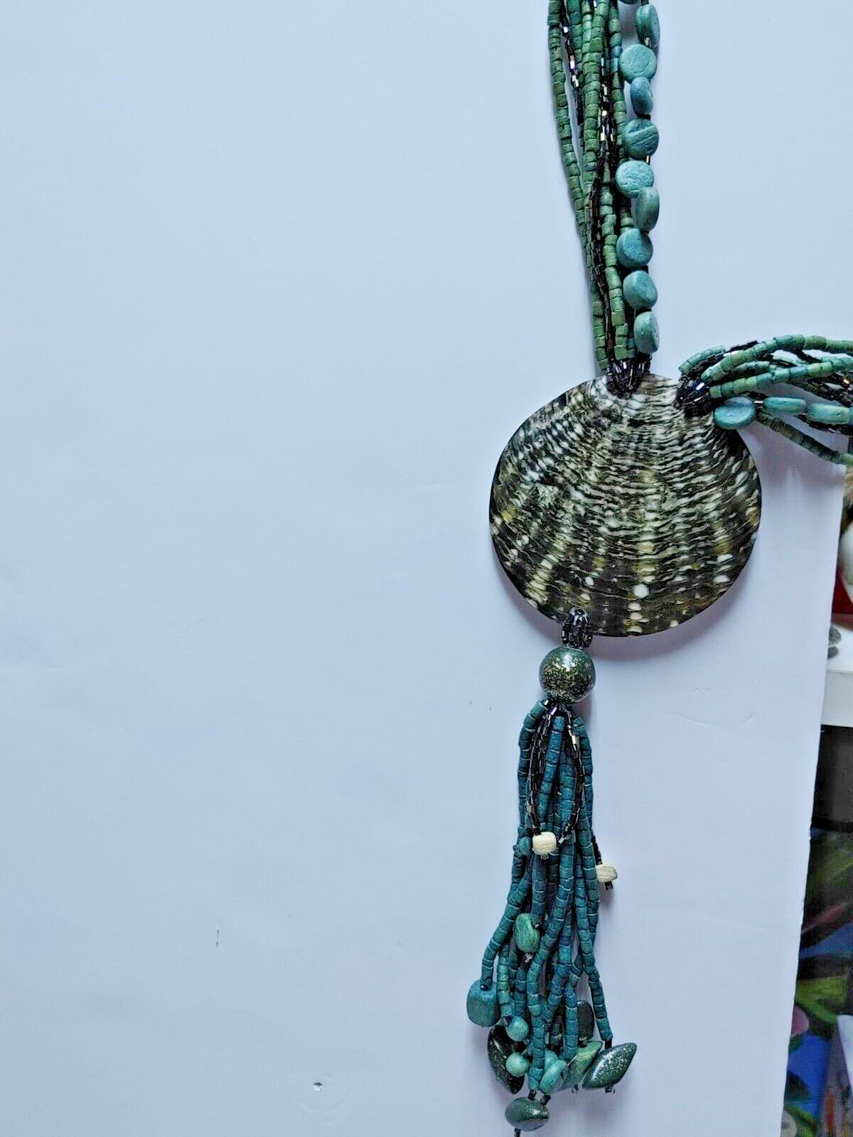 Vintage 70s Large Seashell Pendant Teal Wooden Bead Layered Necklace Green Retro