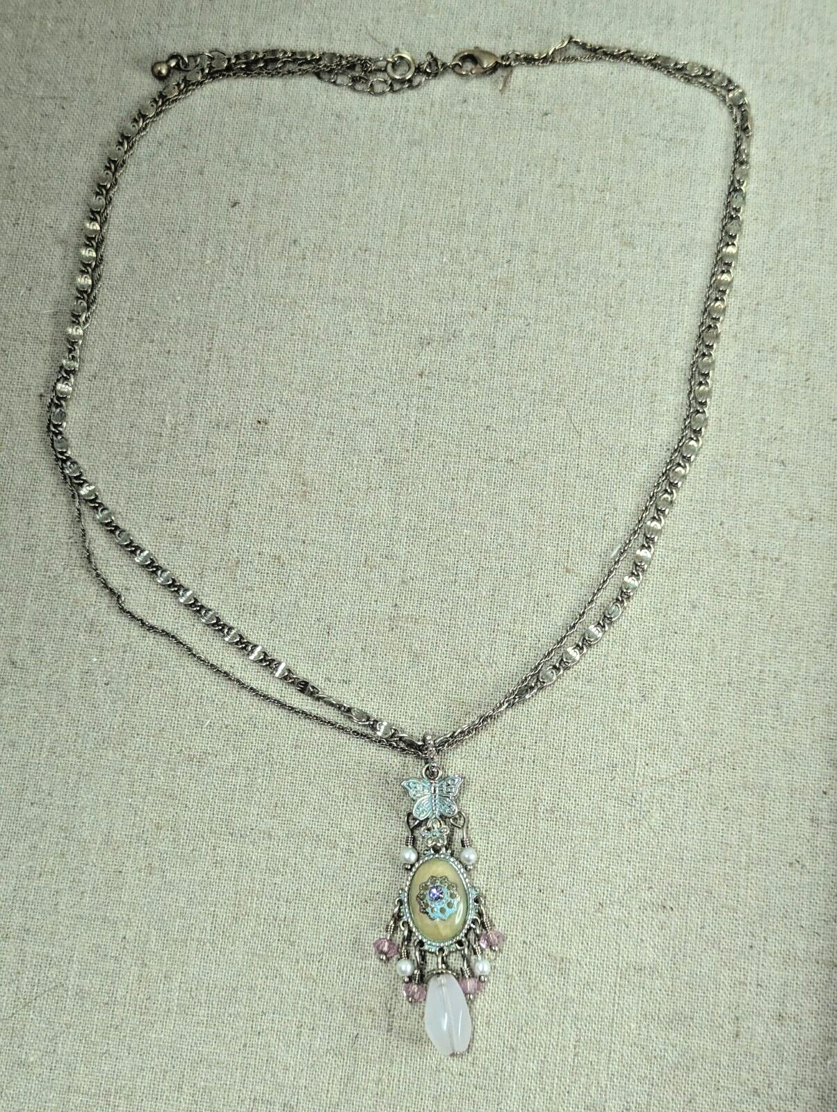 vintage Avon Silver Plated Necklace Butterfly Crystals Pendant 16" Double Chain