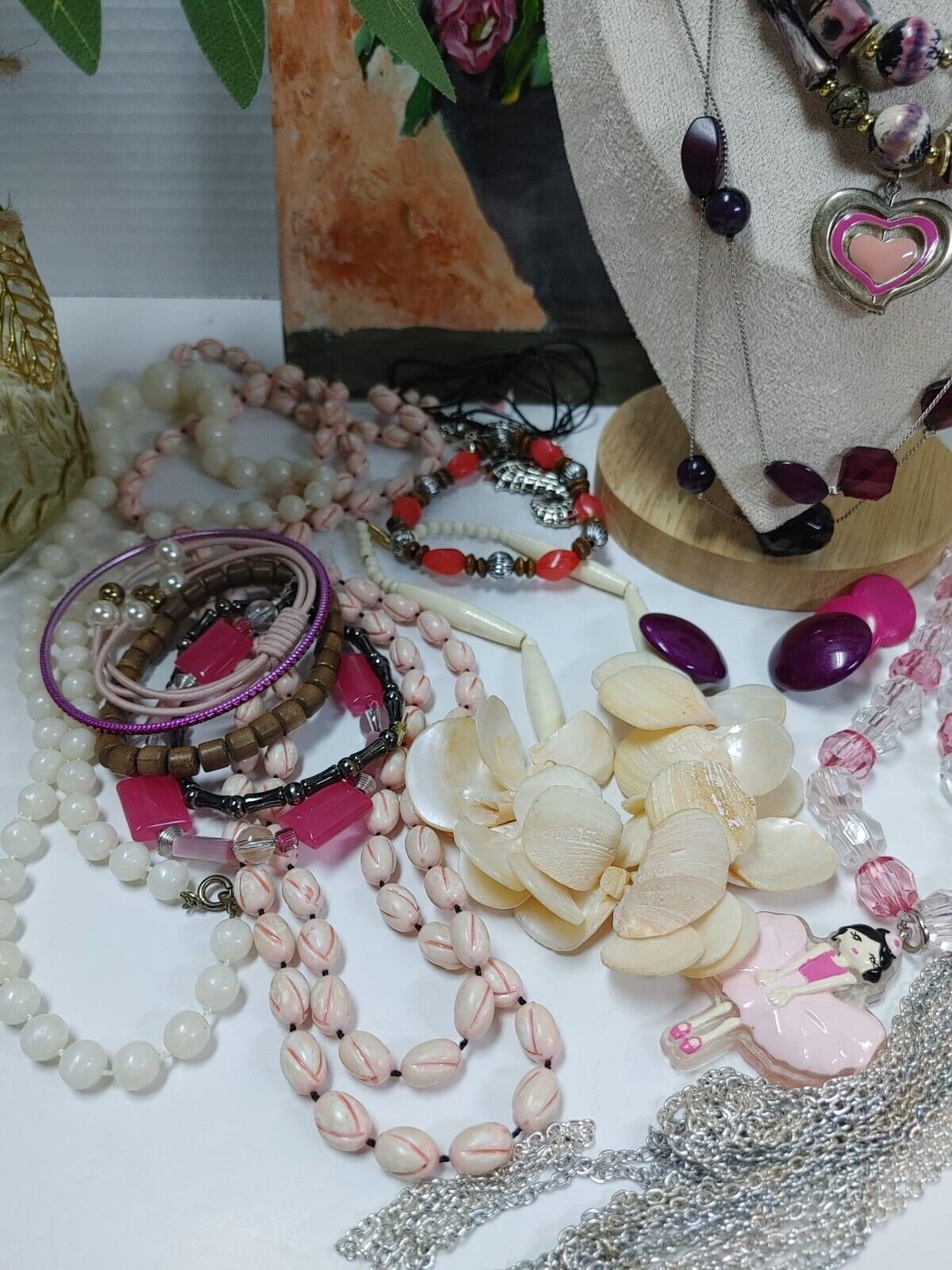 Vintage To Now Mix Jewelry Lot Necklaces Bracelet Earrings Costume Purple Pink