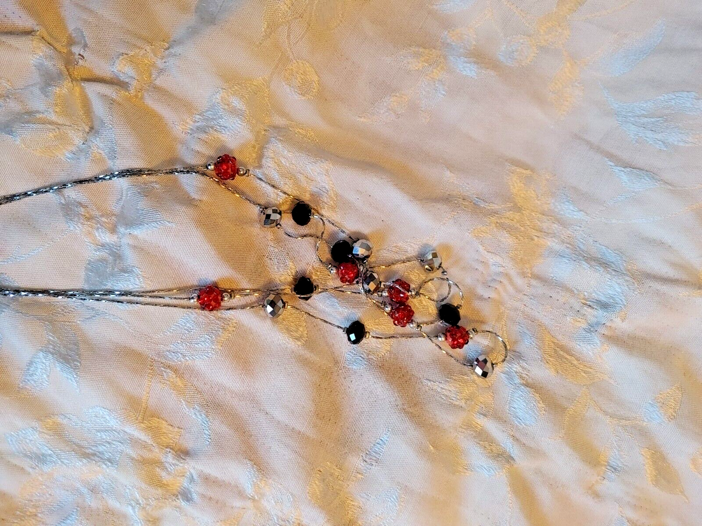 Layered Red Black grey Beaded Necklace silver tone chain 22" Women Boho Retro