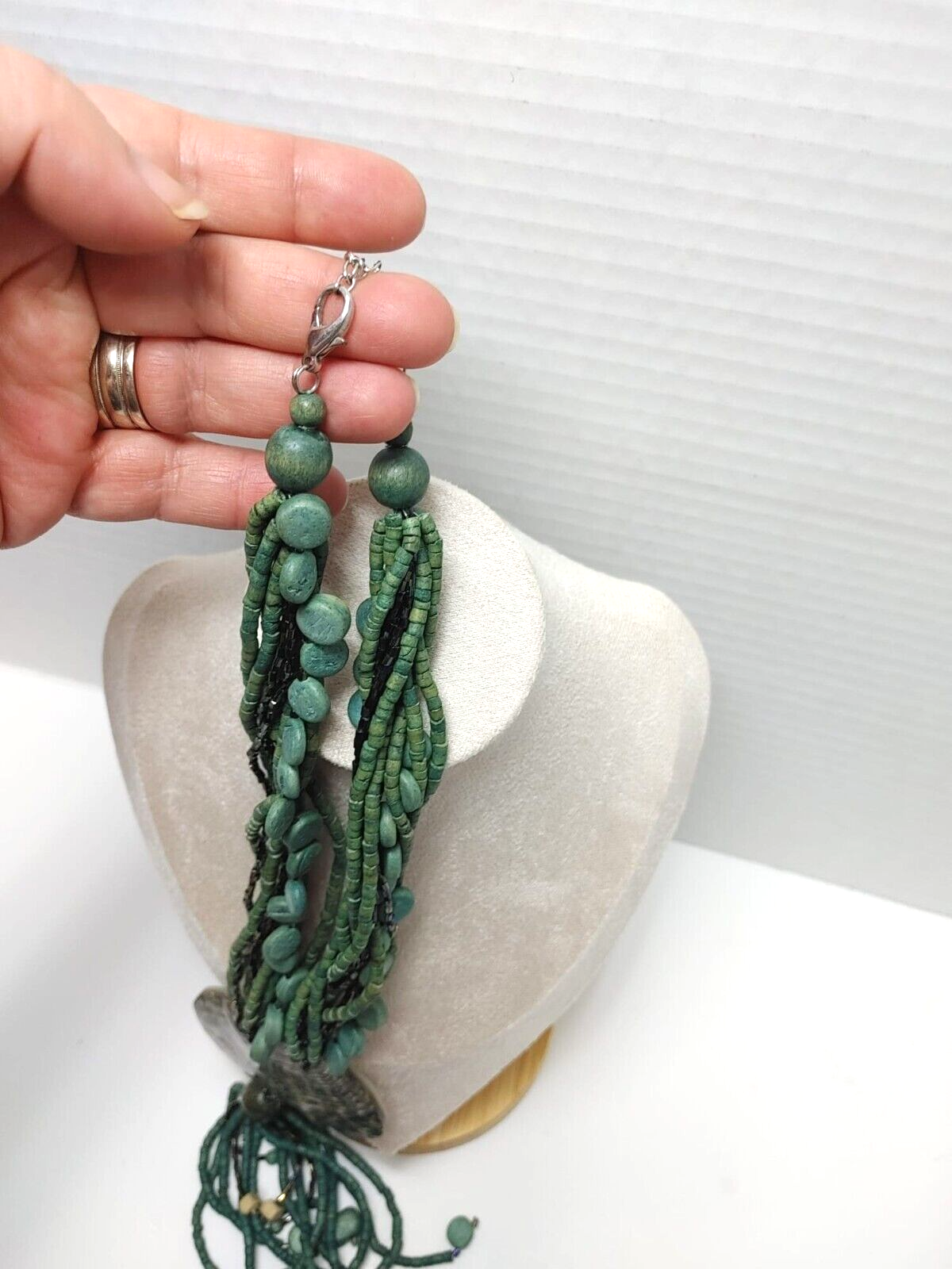 Vintage 70s Large Seashell Pendant Teal Wooden Bead Layered Necklace Green Retro