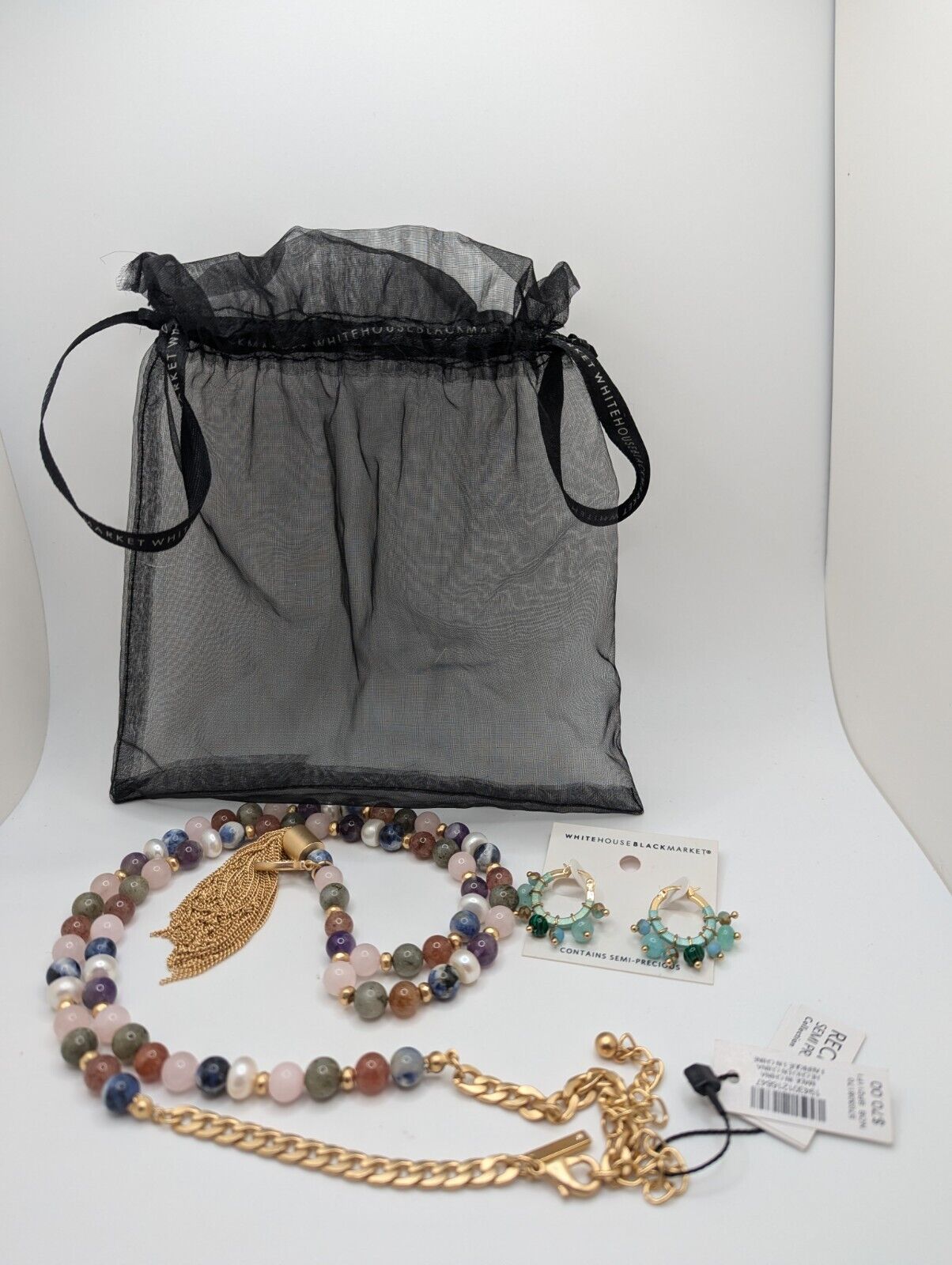 Whbm Polished Ocean Jasper & Gold Tone 42β Necklace / Earrings Wishbone Tassel