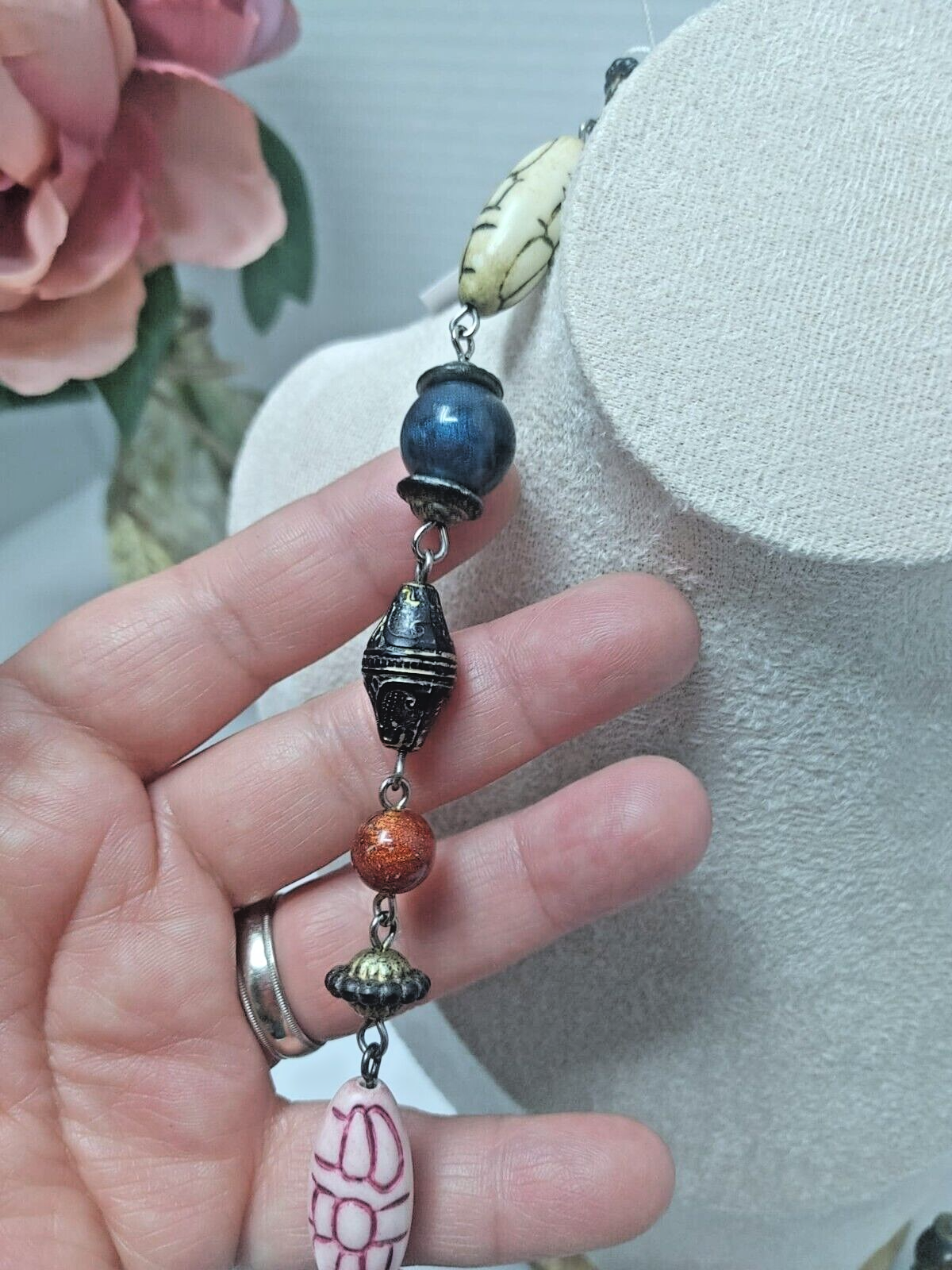 Vintage Carved Bead Necklace State Multicolor 27" Handmade 80's 90's