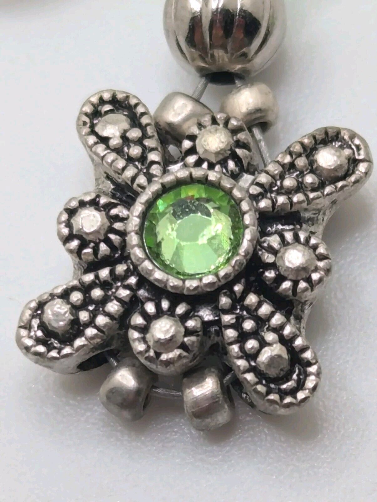 Silver Tone Spring Green Flower Square Crystal Bead Charm Bracelet Earrings 7.5"