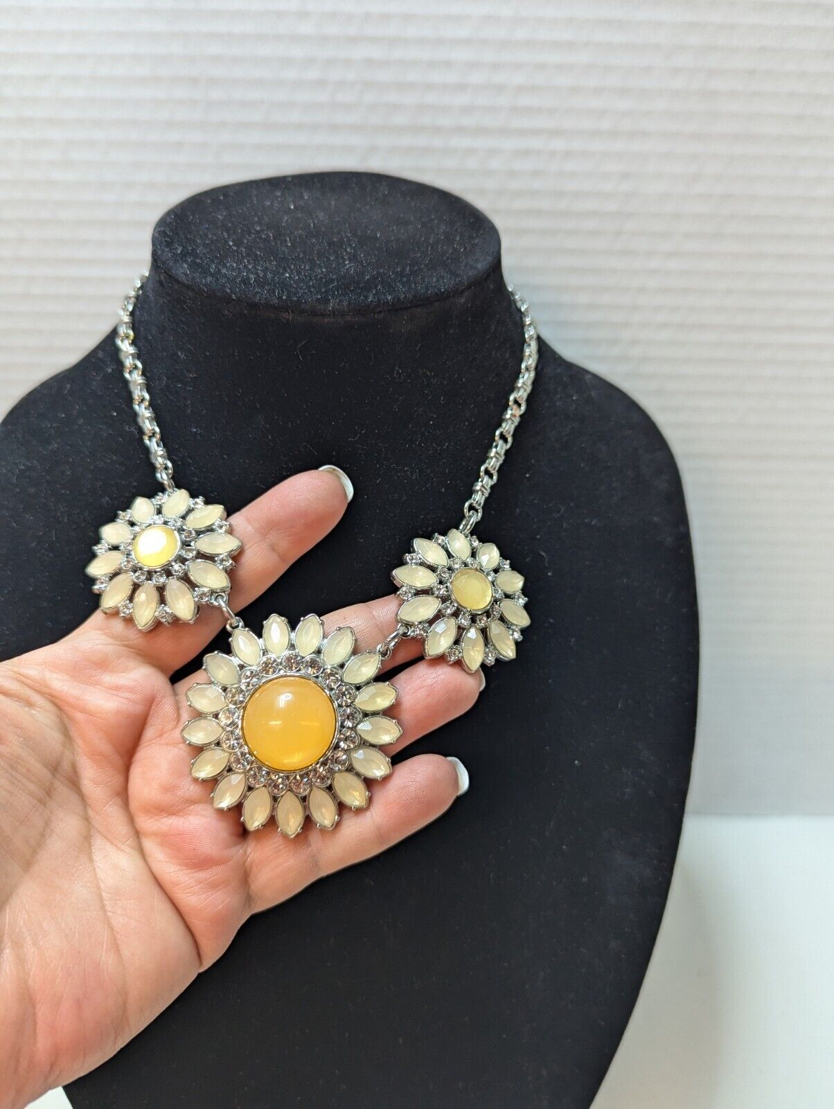 Lia Sophia Triple Flower Statement Necklace Yellow Sunflower 18-21" Silver Tone