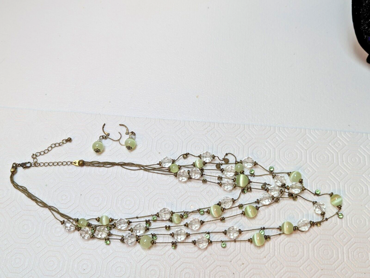 Green Tiger Eye Clear Beads Necklace Earring Rhinestone Gold Tone Multi Strand