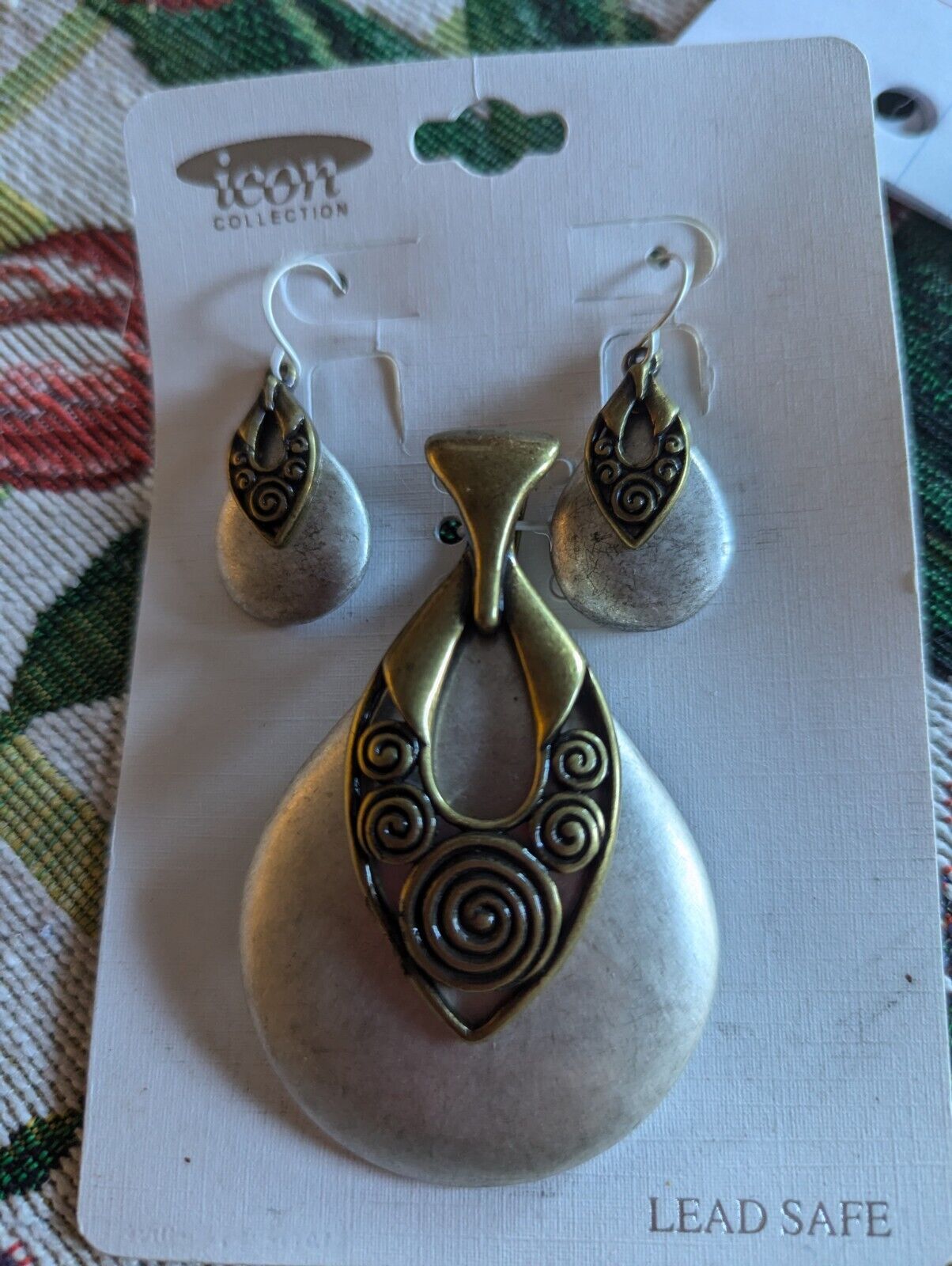 Icon Collection Teardrop Large Pendant/Earrings Silver Tone Brass Colored Set
