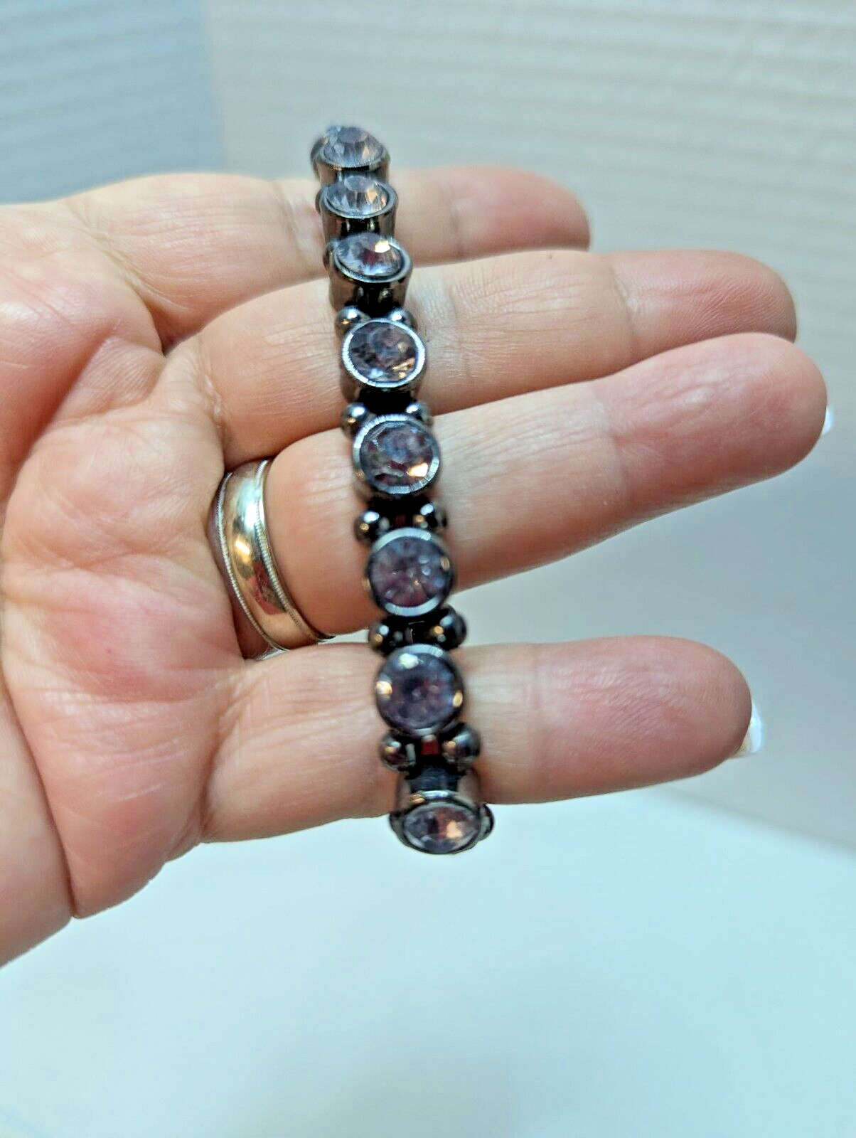 Clear Crystal Gun Metal Grey Tone Tennis Bracelet Stretch