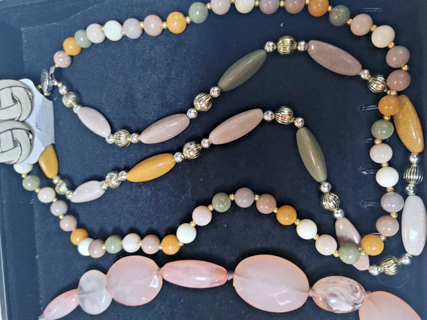 Set of 3 Vintage Faux Stone Lucite Beaded Necklaces Gold Tone Multi Strand