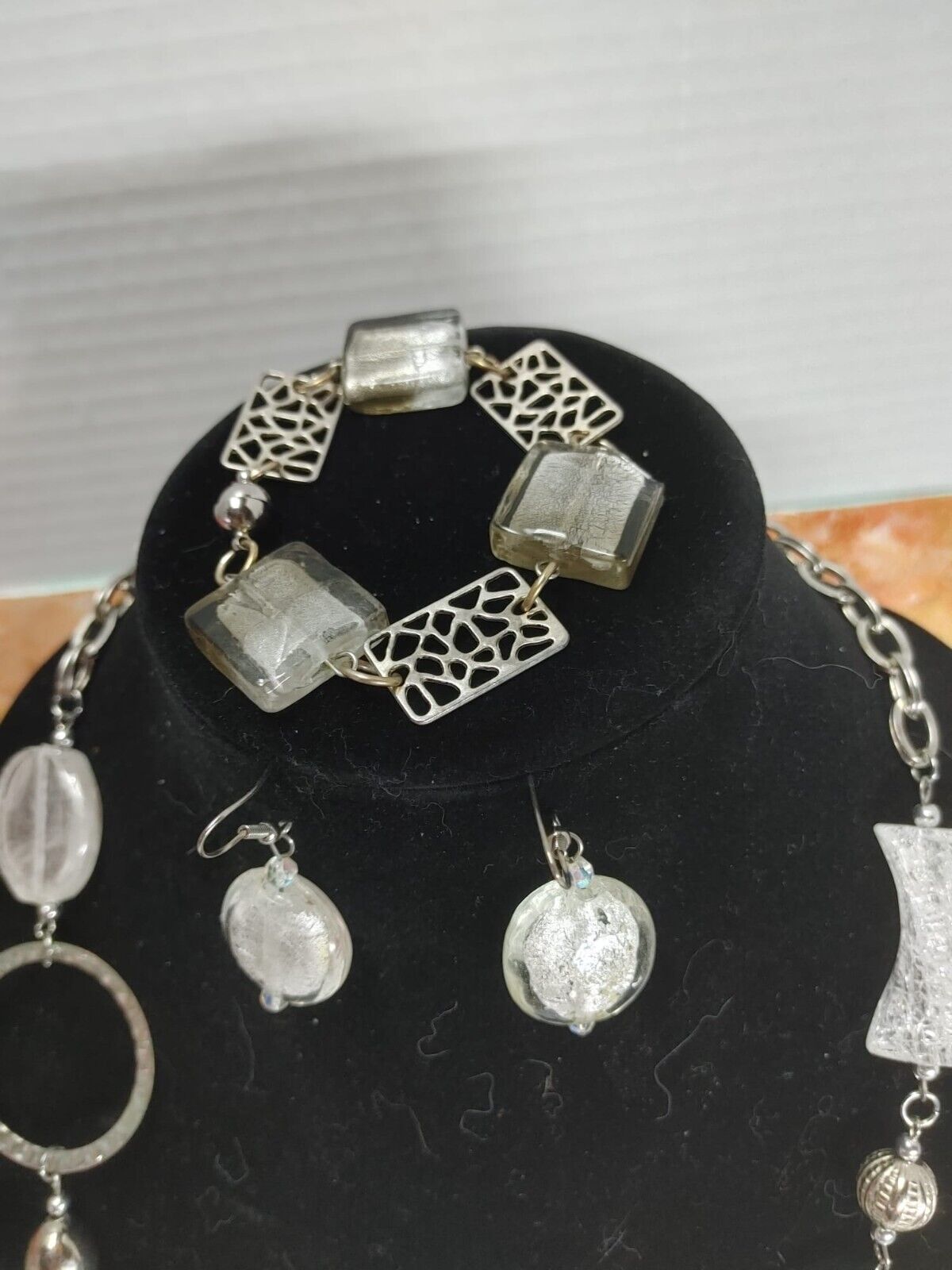 Vintage clear white Glass & Silver Metal Beads hoops Necklace Earrings Bracelet