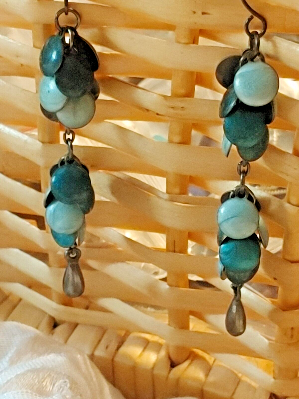 Vintage Pieced Metal Turquoise Tone Disc dangle Earrings Women Jewelry Retro