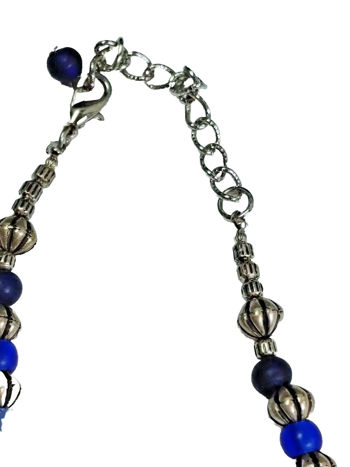 Vintage Graduated Multi bead Blue & White, Silver Tone Bead Necklace 17 Inches