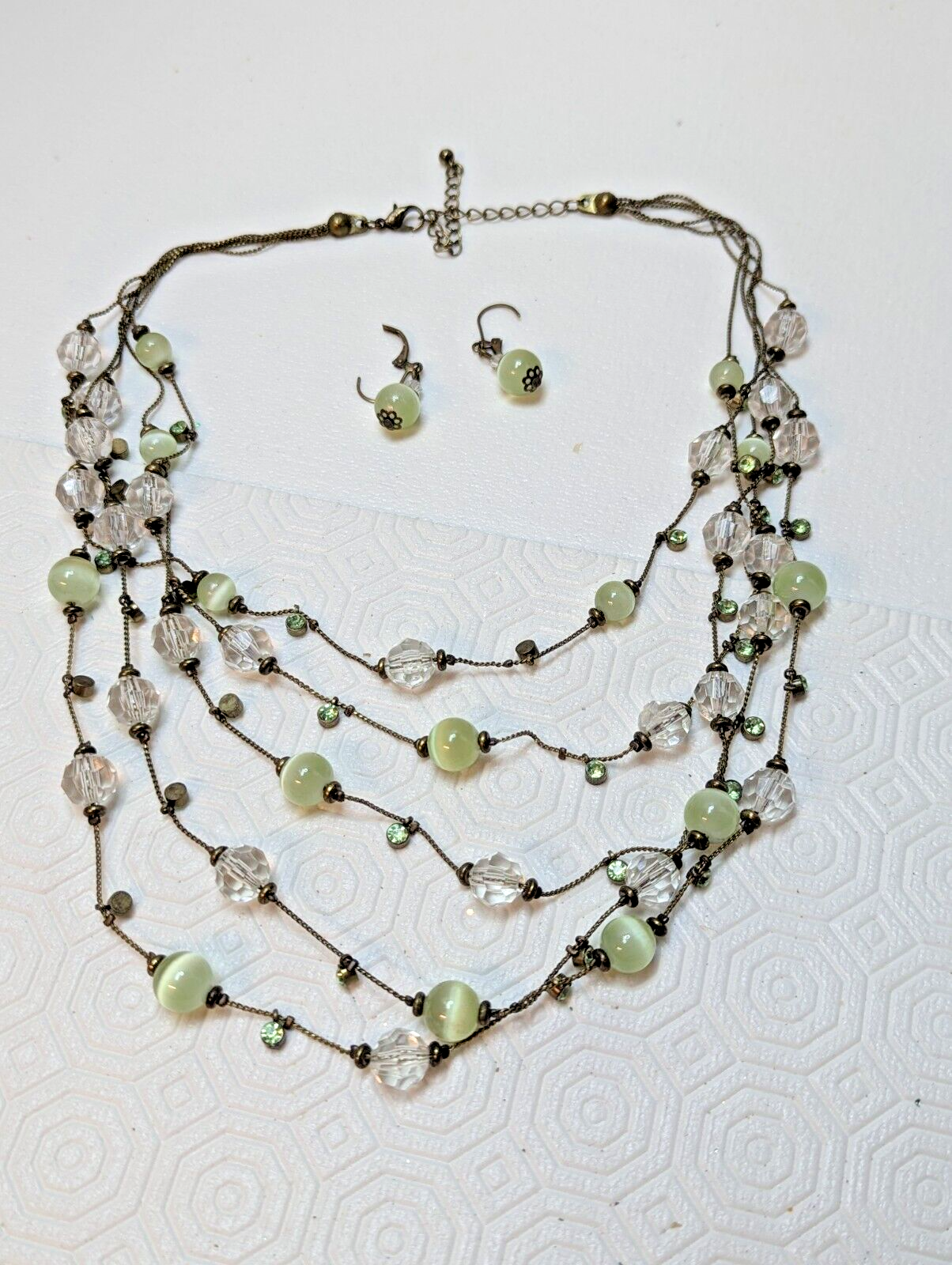 Green Tiger Eye Clear Beads Necklace Earring Rhinestone Gold Tone Multi Strand