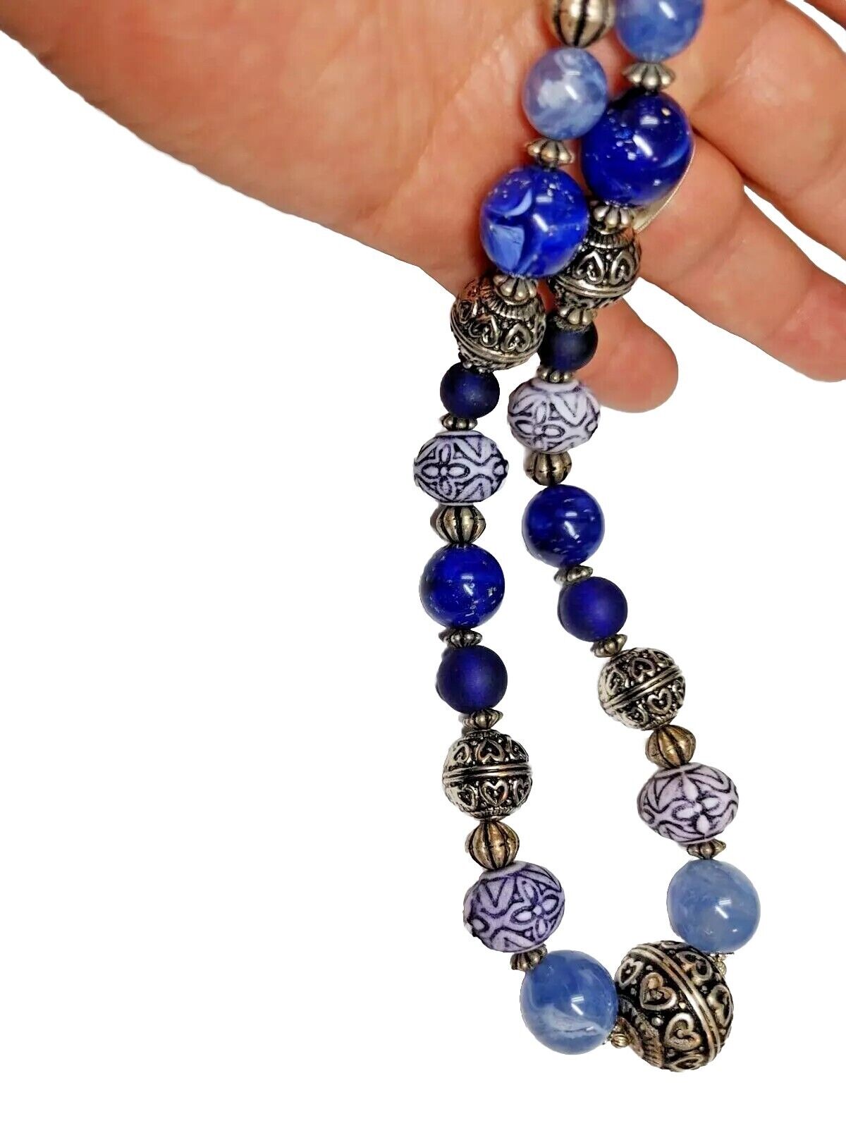Vintage Graduated Multi bead Blue & White, Silver Tone Bead Necklace 17 Inches