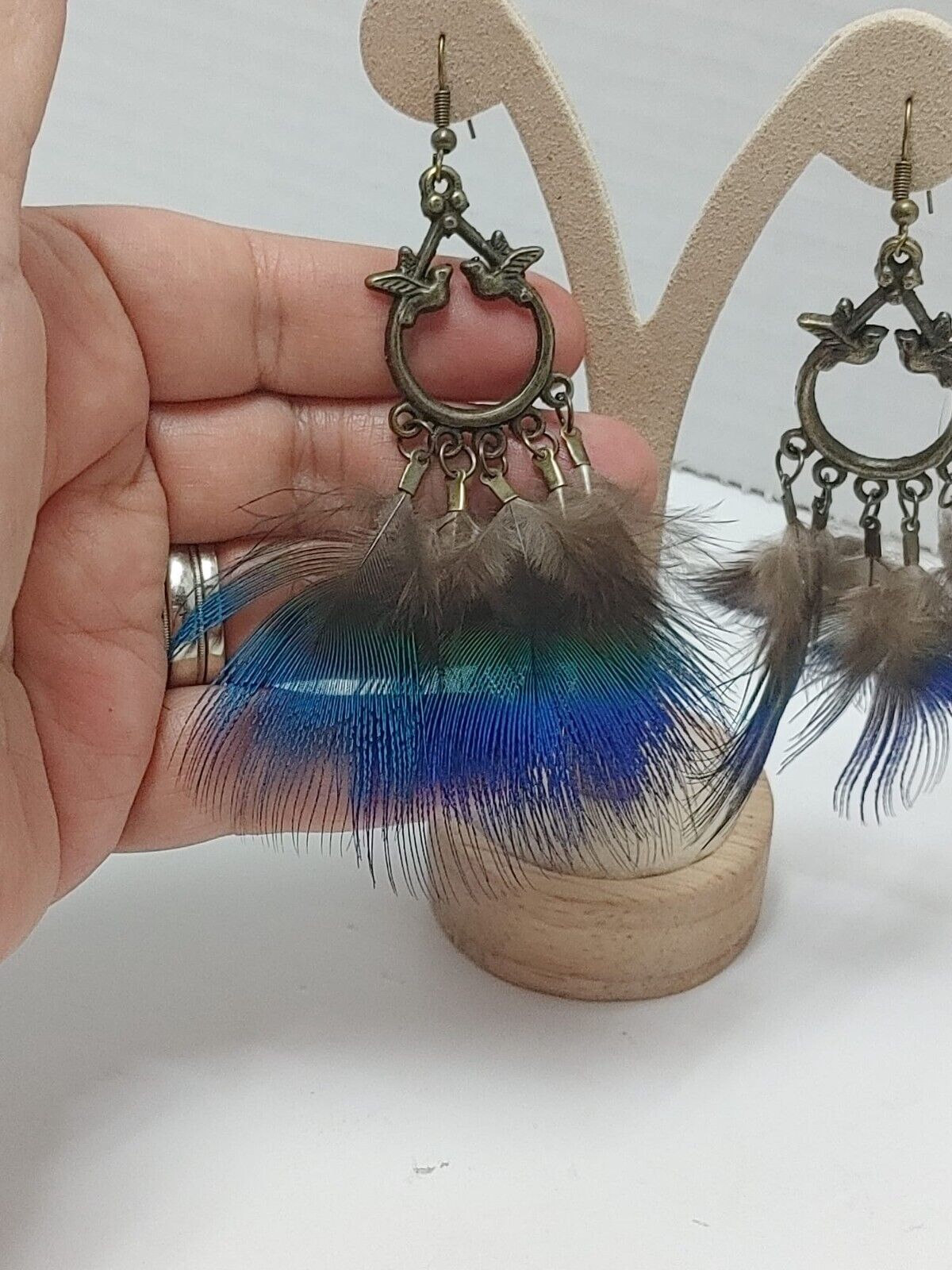 Feather Earrings Peacock Feathers Vintage Earrings Boho Statement Jewelry Retro