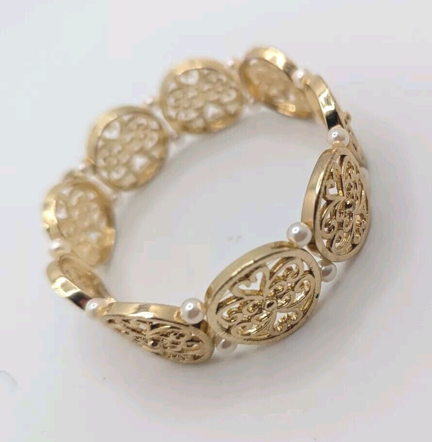 RMN Filigree Gold tone Link Bracelet Stretch Faux Pearls