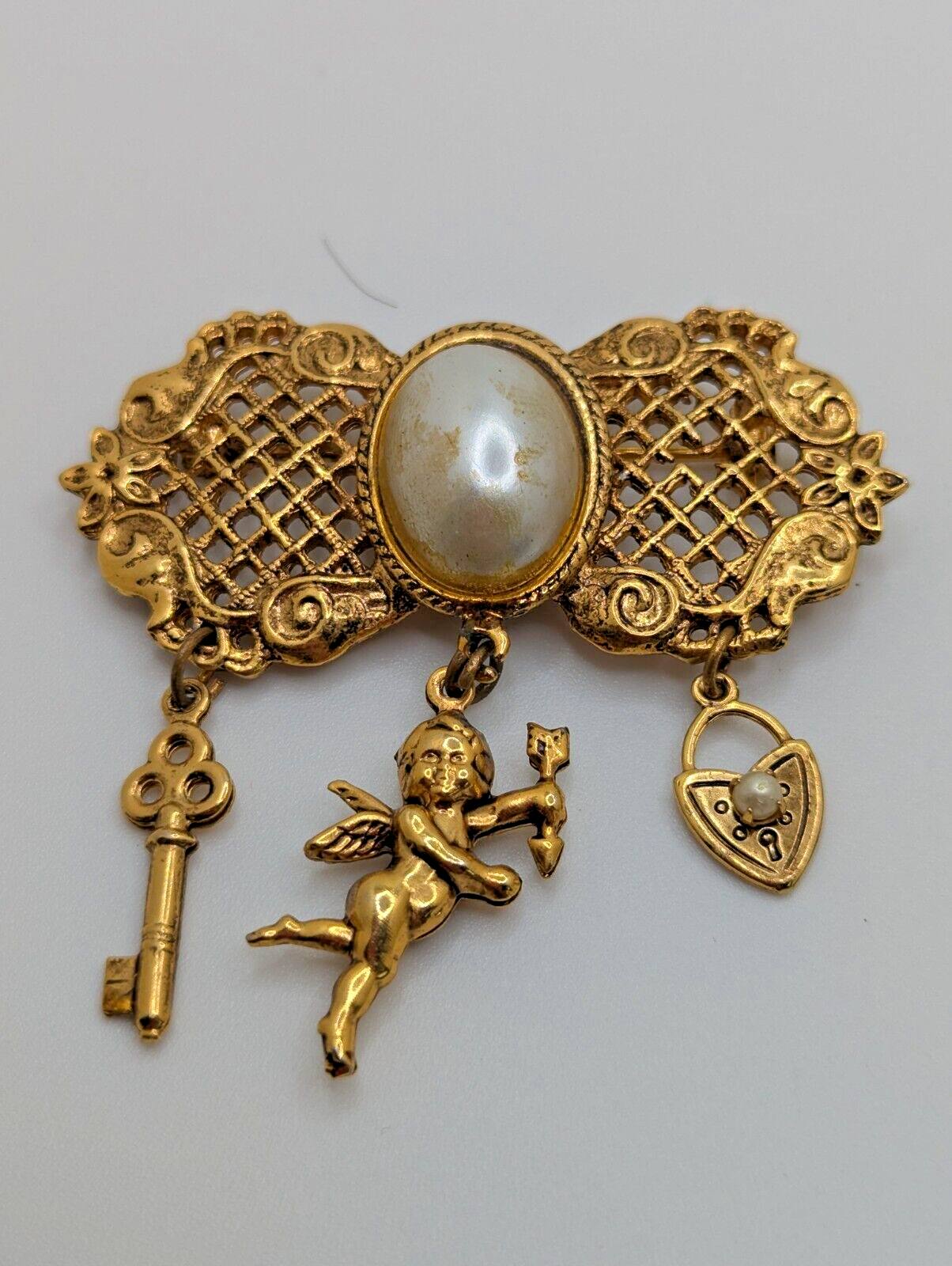 Vintage Goldette Charm Brooch Victorian Revival Dangles Pin Faux Pearl Goldtone