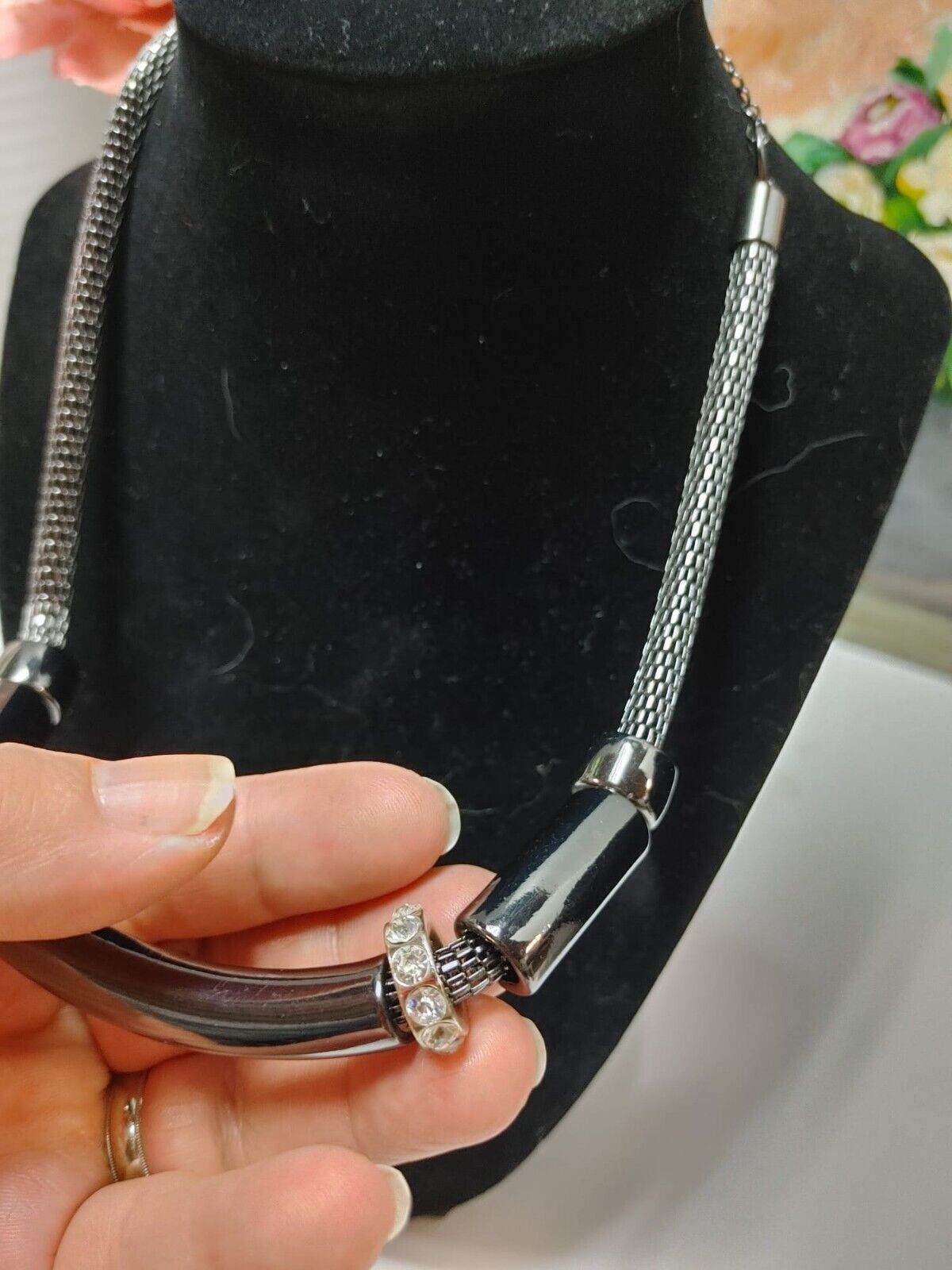 Thick Gun Metal Snake Chain Choker Collar Necklace White Rhinestones 16"