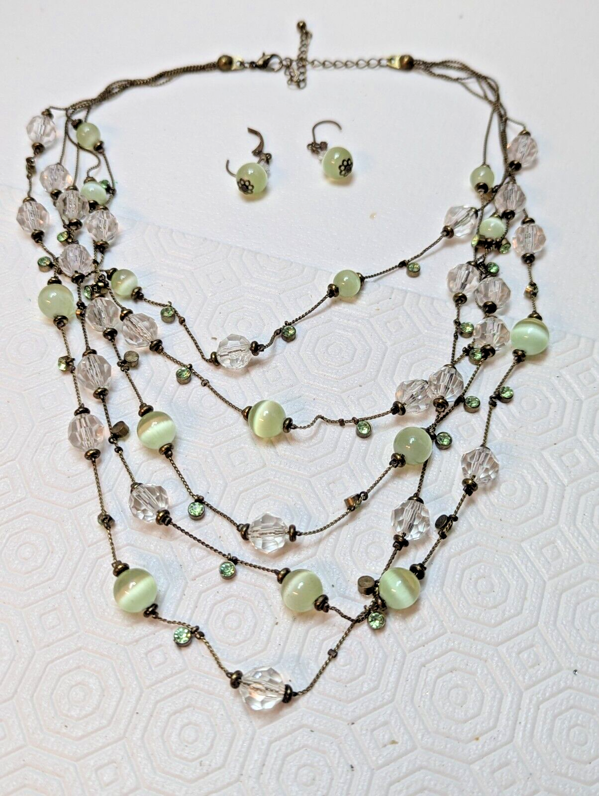 Green Tiger Eye Clear Beads Necklace Earring Rhinestone Gold Tone Multi Strand