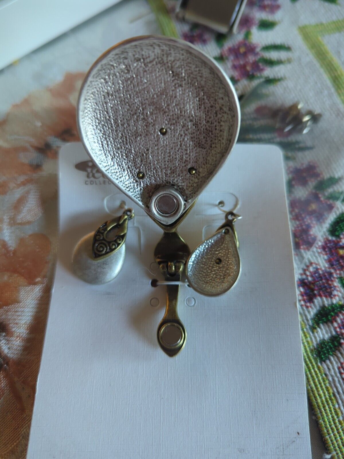 Icon Collection Teardrop Large Pendant/Earrings Silver Tone Brass Colored Set