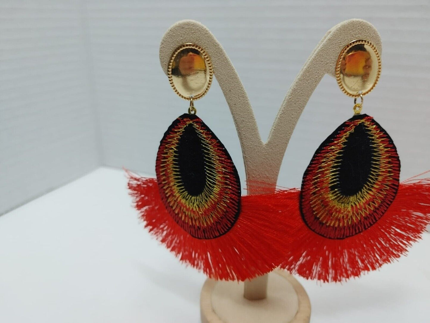 Oval and Fan Shaped Red Black Post Earrings Handmade Bohemian Women Earrings