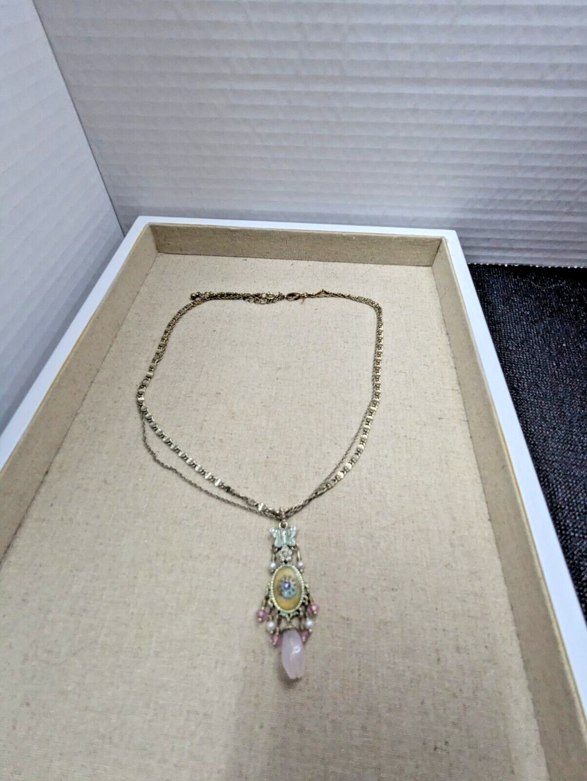 vintage Avon Silver Plated Necklace Butterfly Crystals Pendant 16" Double Chain