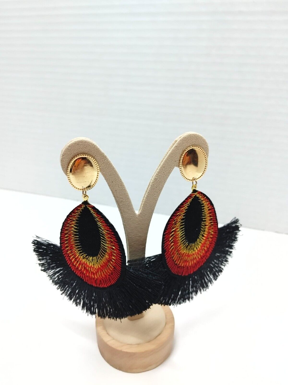 Oval and Fan Shaped Black Post Earrings Handmade Bohemian Women Jewelry Gift