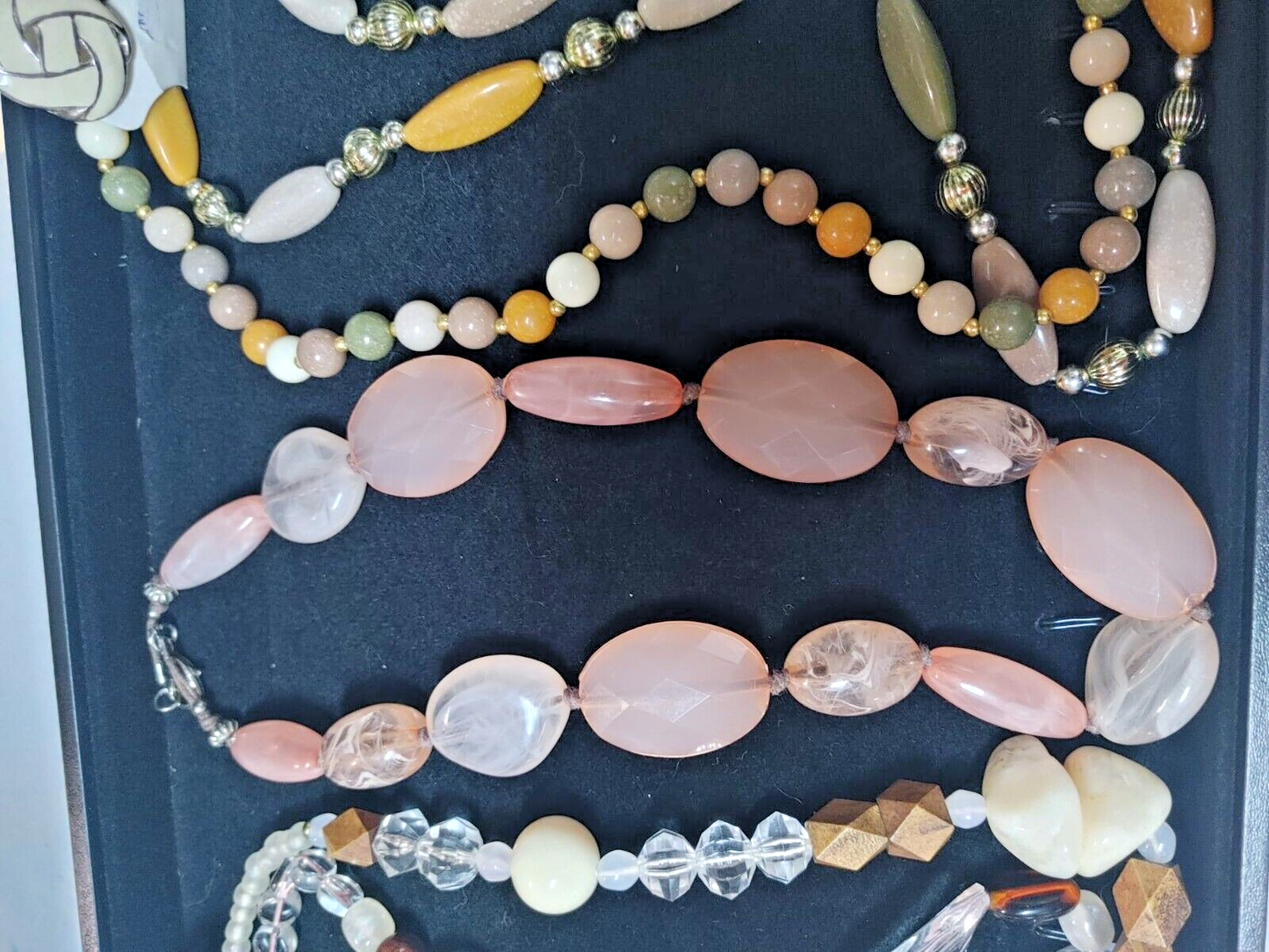 Set of 3 Vintage Faux Stone Lucite Beaded Necklaces Gold Tone Multi Strand