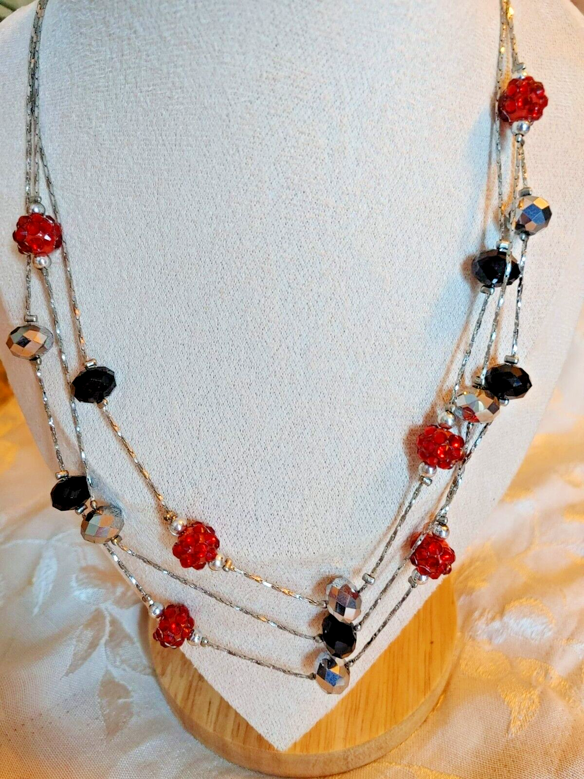 Layered Red Black grey Beaded Necklace silver tone chain 22" Women Boho Retro