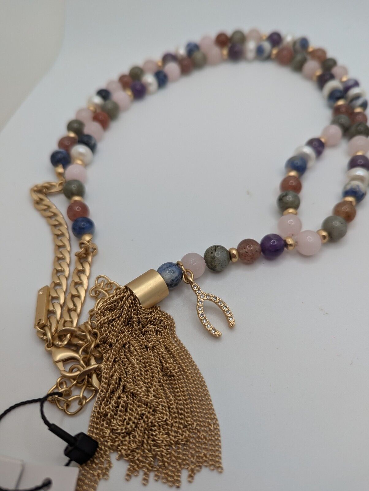 Whbm Polished Ocean Jasper & Gold Tone 42β Necklace / Earrings Wishbone Tassel