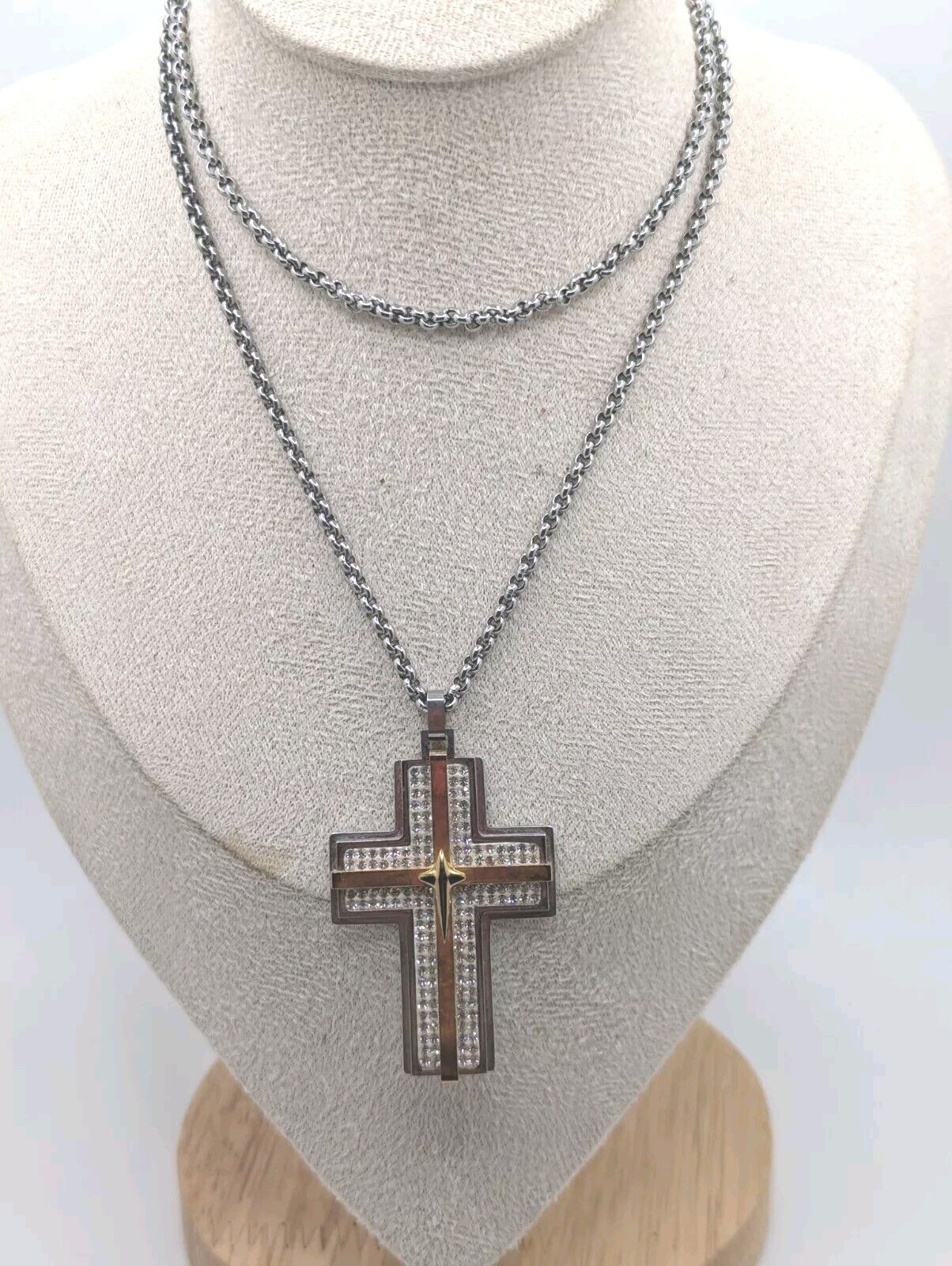 RL Men's Stainless Steel Crystals Cross Necklace PENDANT Signed